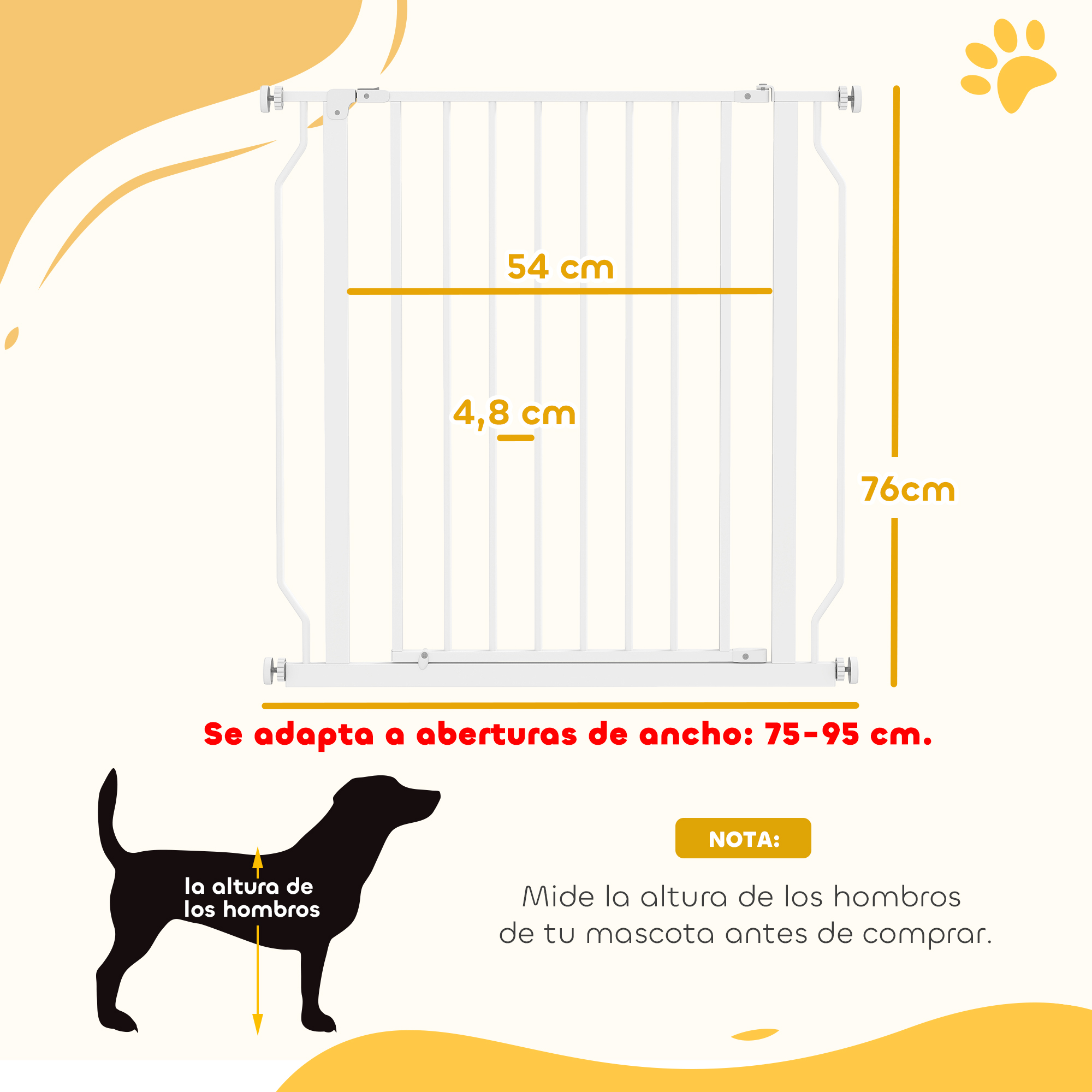 Puerta de seguridad blanca para mascotas con dimensiones y silueta de perro sobre fondo amarillo.