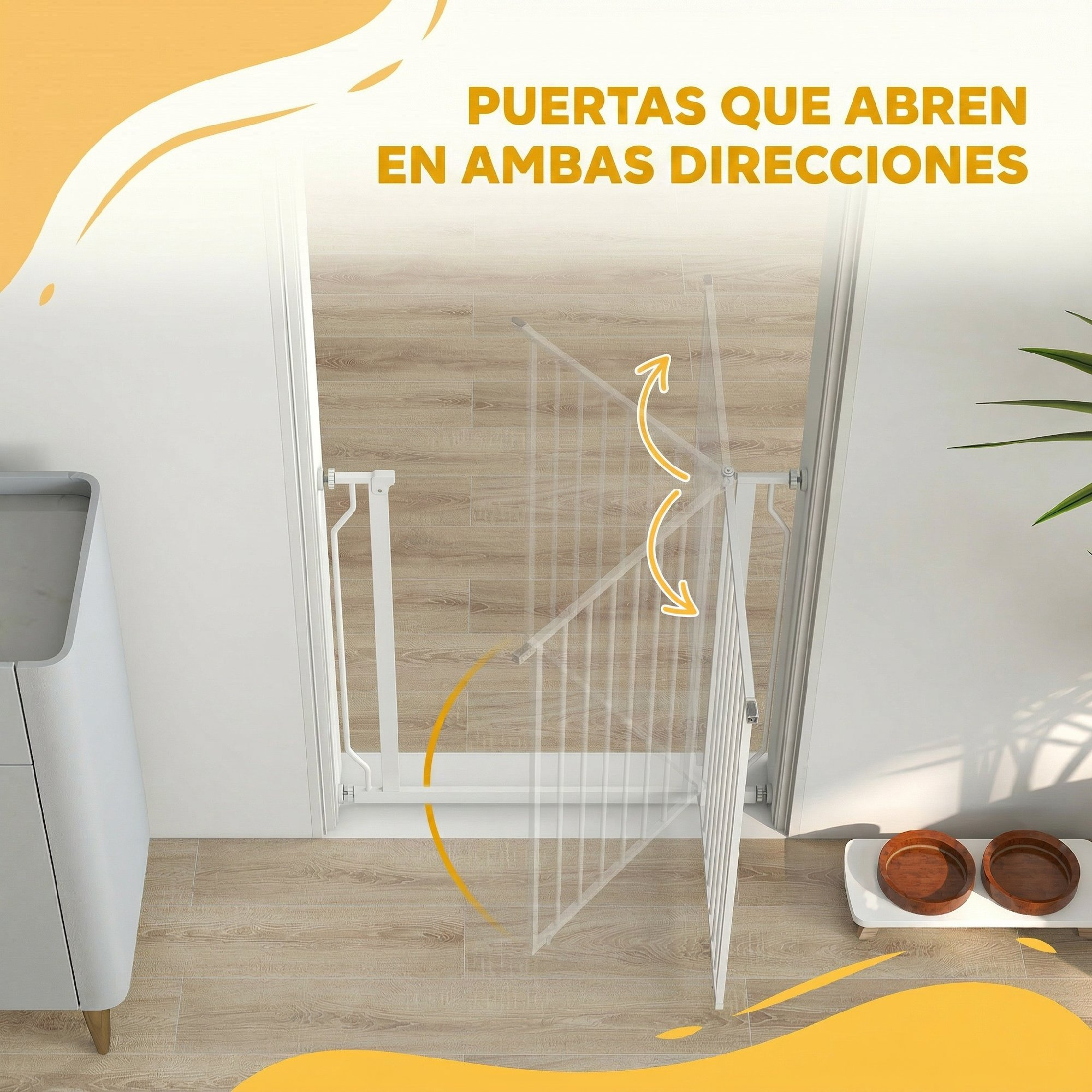 Puerta de seguridad blanca en un marco con flechas amarillas que indican que se abre en ambas direcciones.