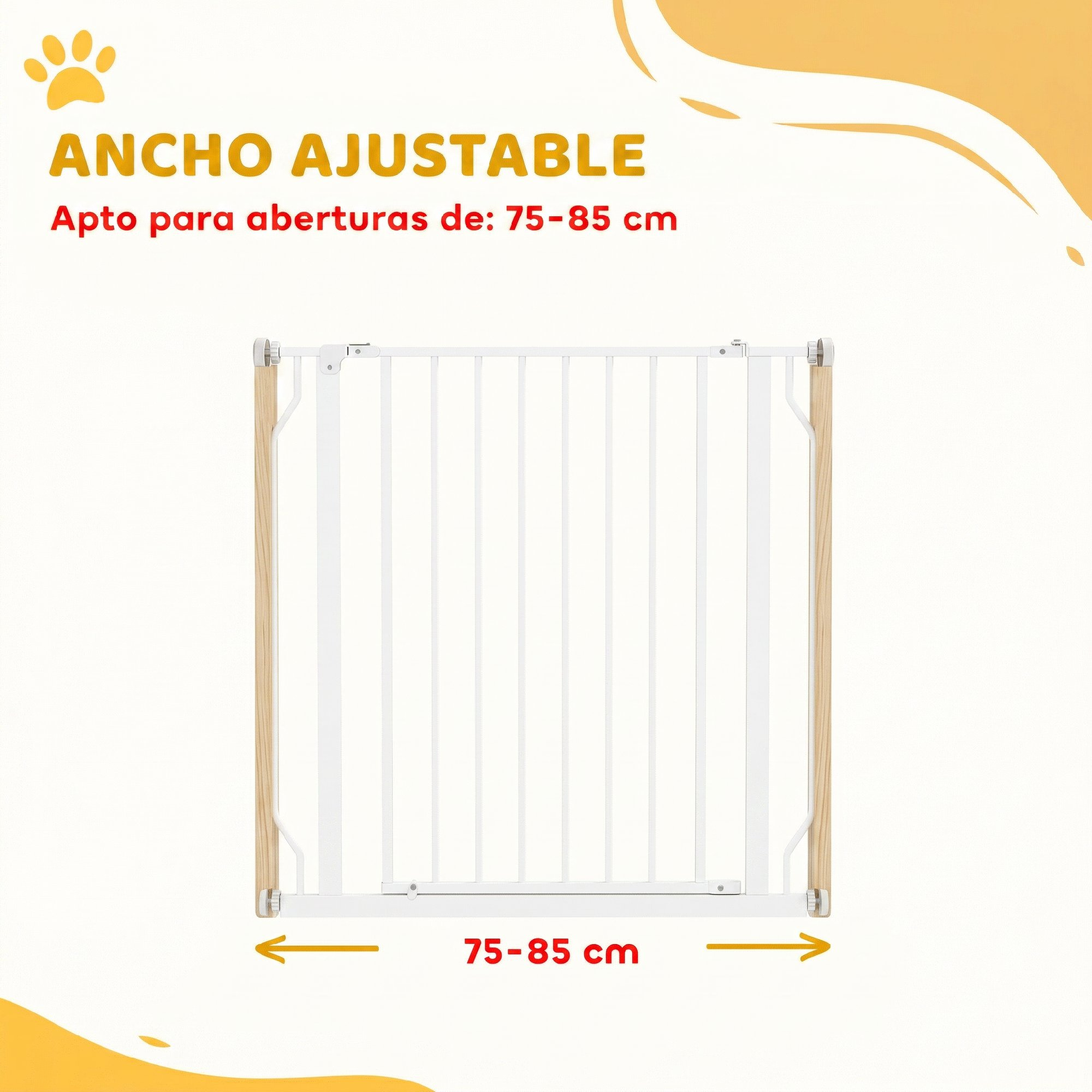 Puerta de seguridad blanca de metal con postes de madera, de 75-85 cm.