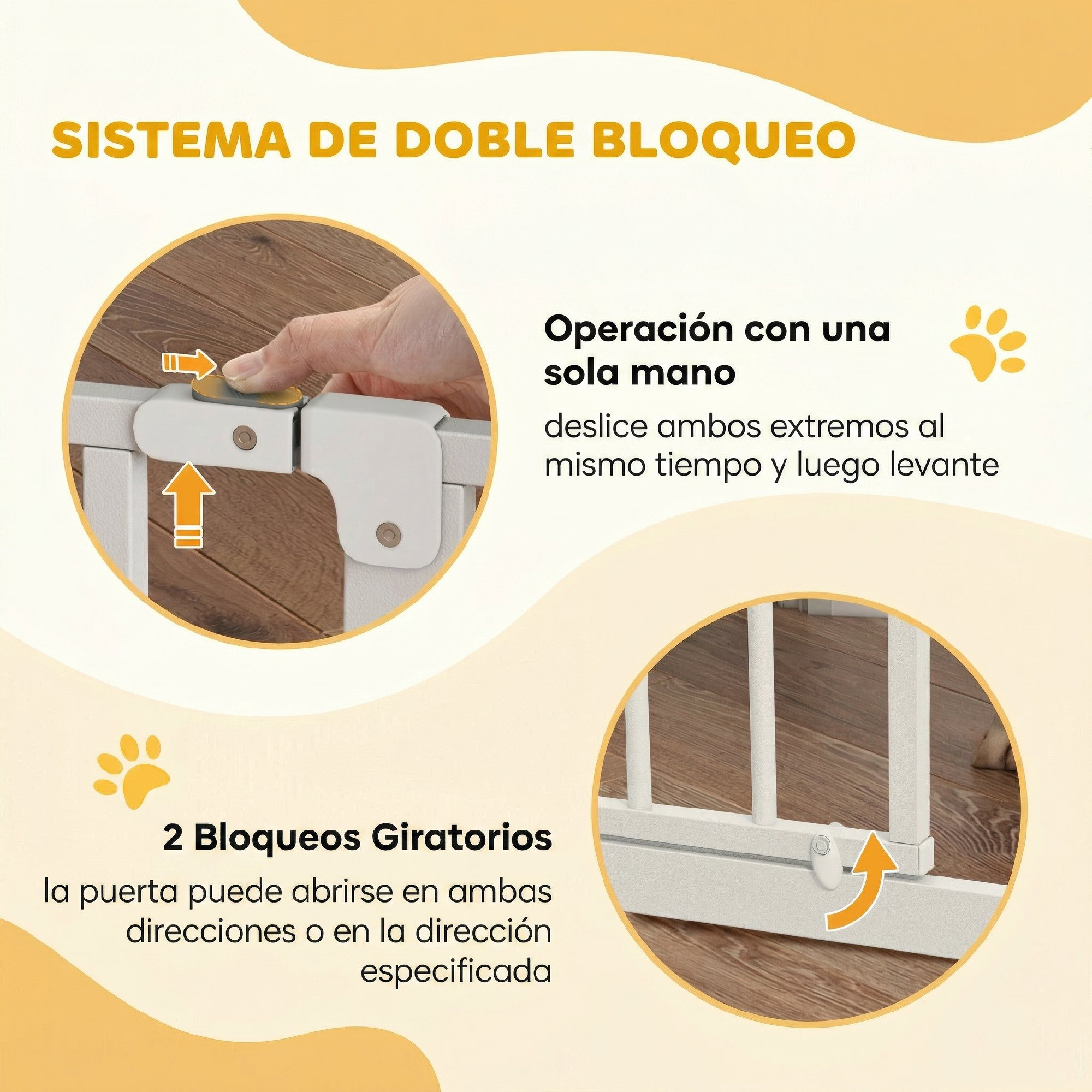 Imagen instructiva que muestra cómo operar el sistema de doble bloqueo en una puerta de seguridad blanca.