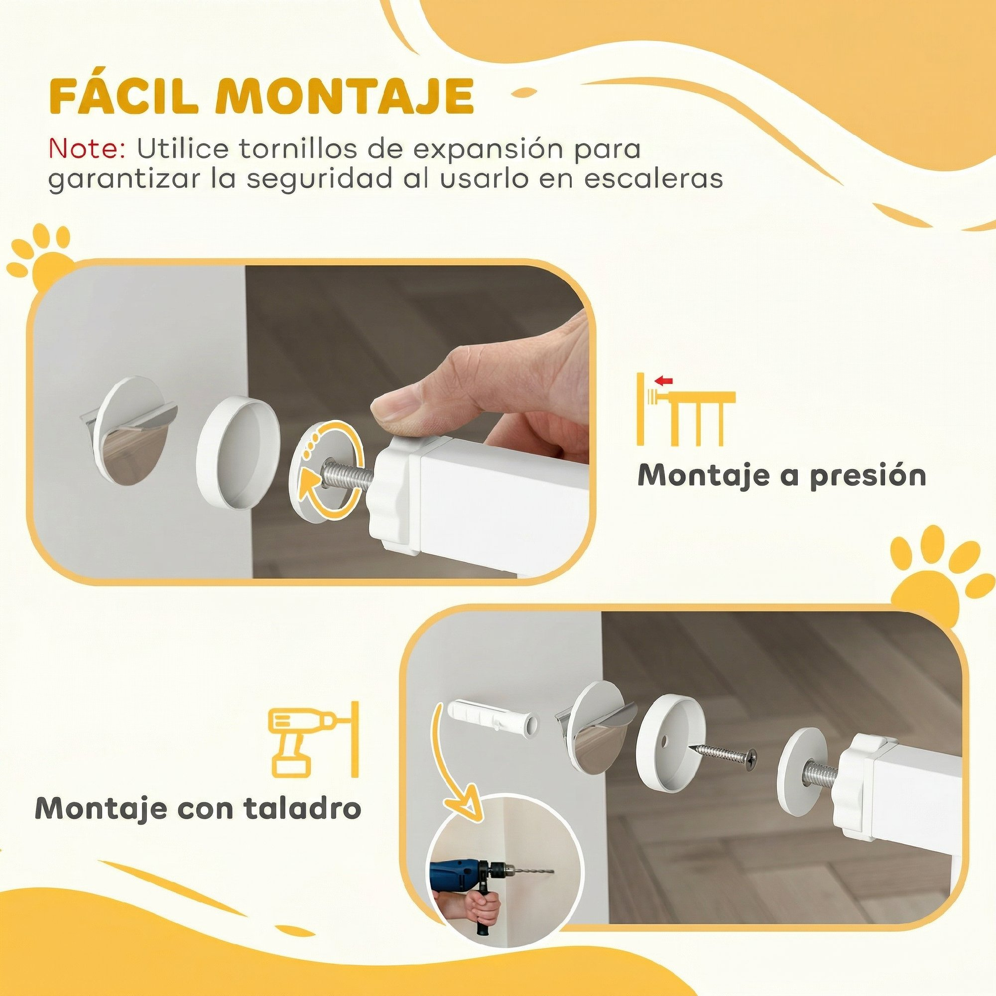 Imágenes de instrucciones para instalar una barrera de seguridad por presión y taladro.