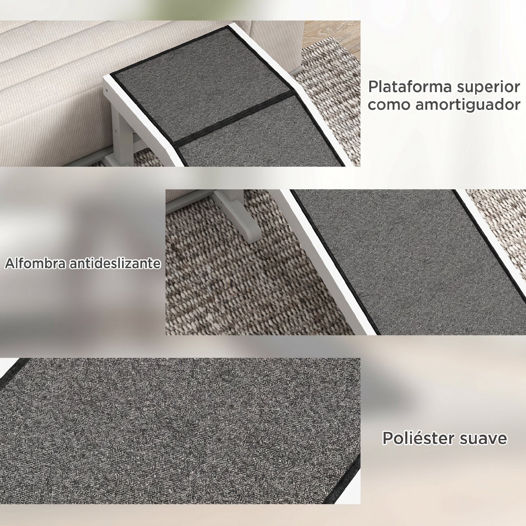 Tres vistas en primer plano de rampas para mascotas con alfombra antideslizante.