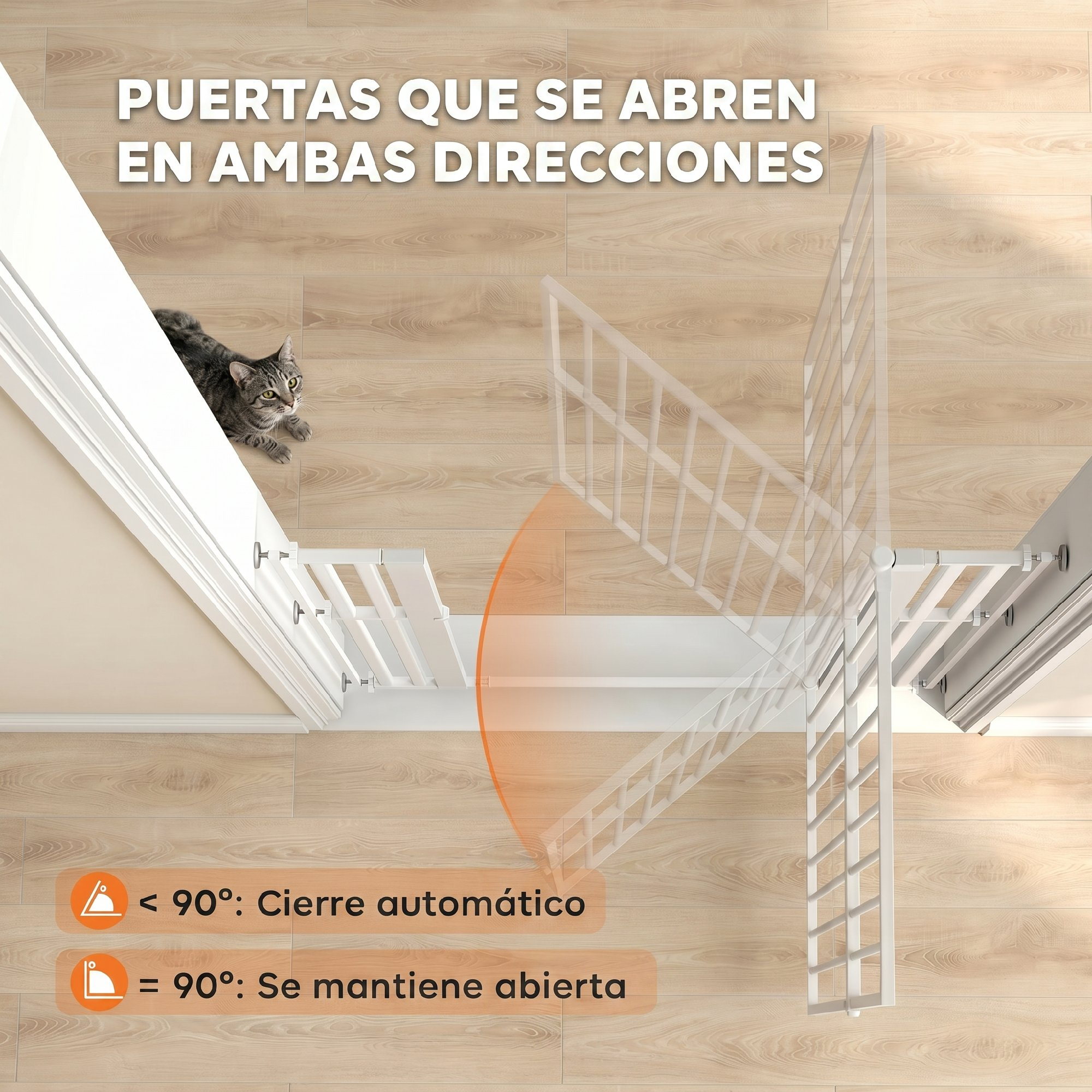 Puerta de seguridad blanca con cierre automático en ambas direcciones en suelo de madera con un gato.