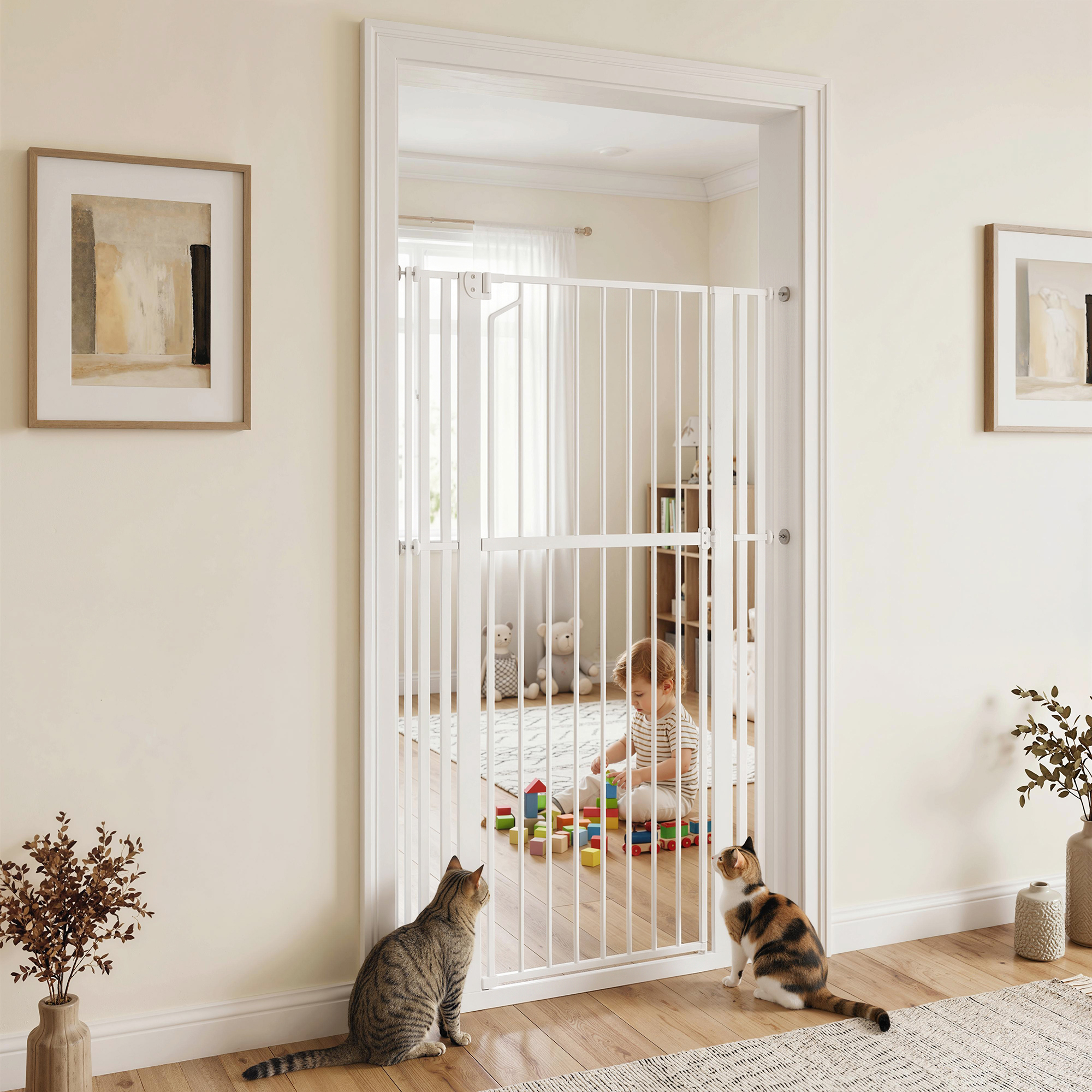 Una puerta de seguridad blanca en un dintel, un niño jugando dentro y dos gatos observando fuera.