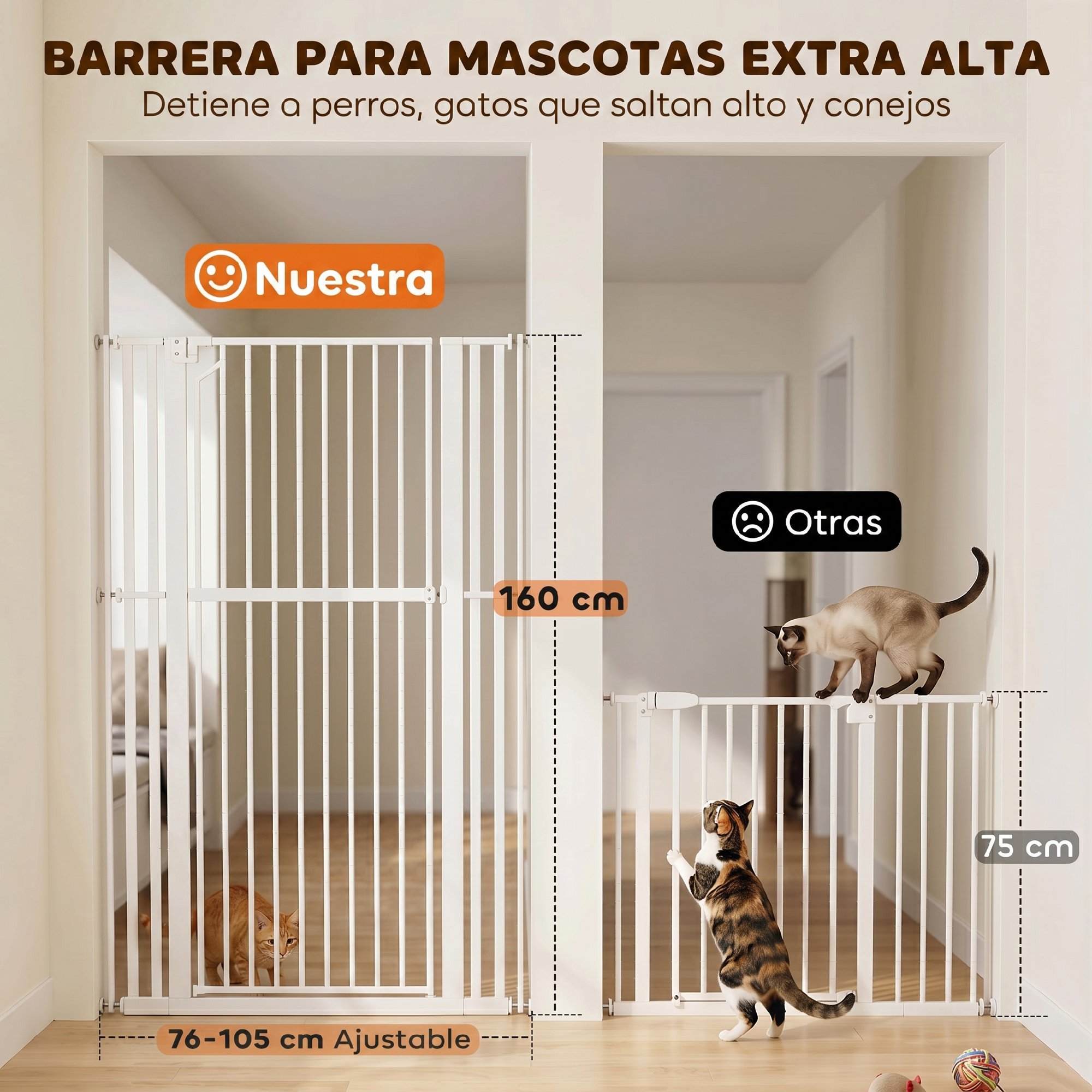 Comparación de barreras para mascotas que muestra una alta de 160 cm y una baja de 75 cm que un gato salta.