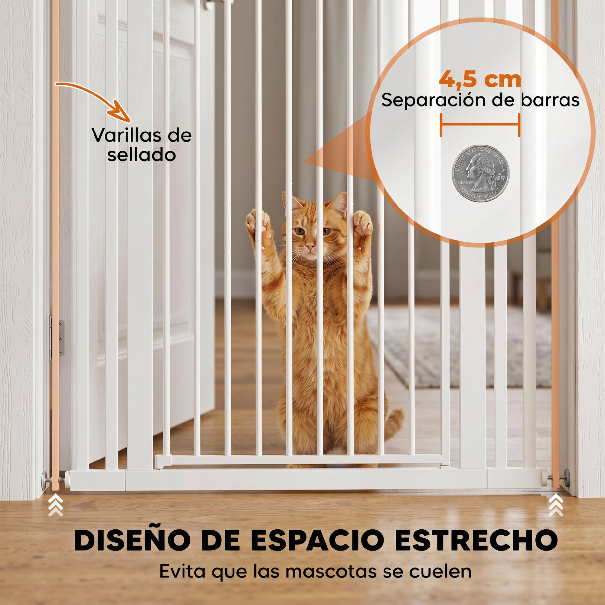 Un gato naranja tras una barrera blanca, con texto y diagrama de moneda que muestra separación de 4,5 cm.