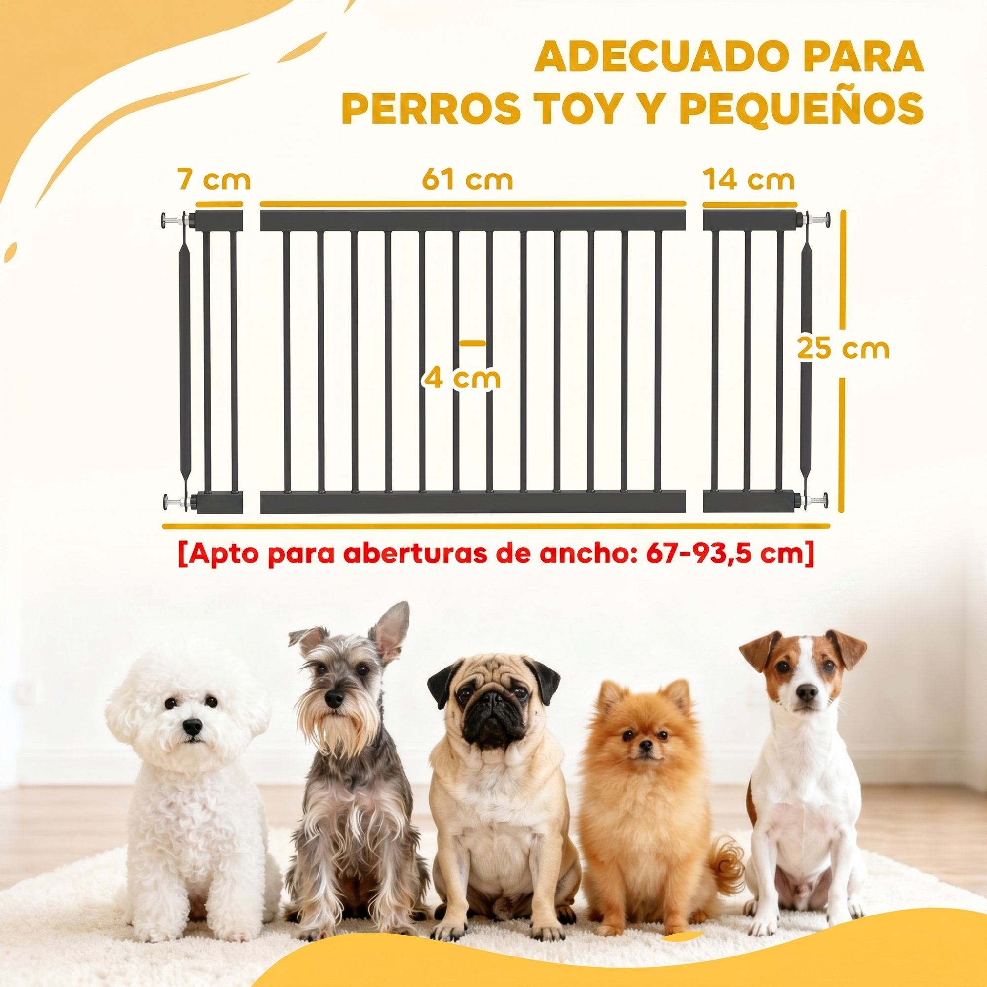 Diagrama de dimensiones de una puerta negra para mascotas con cinco perros pequeños sentados delante.