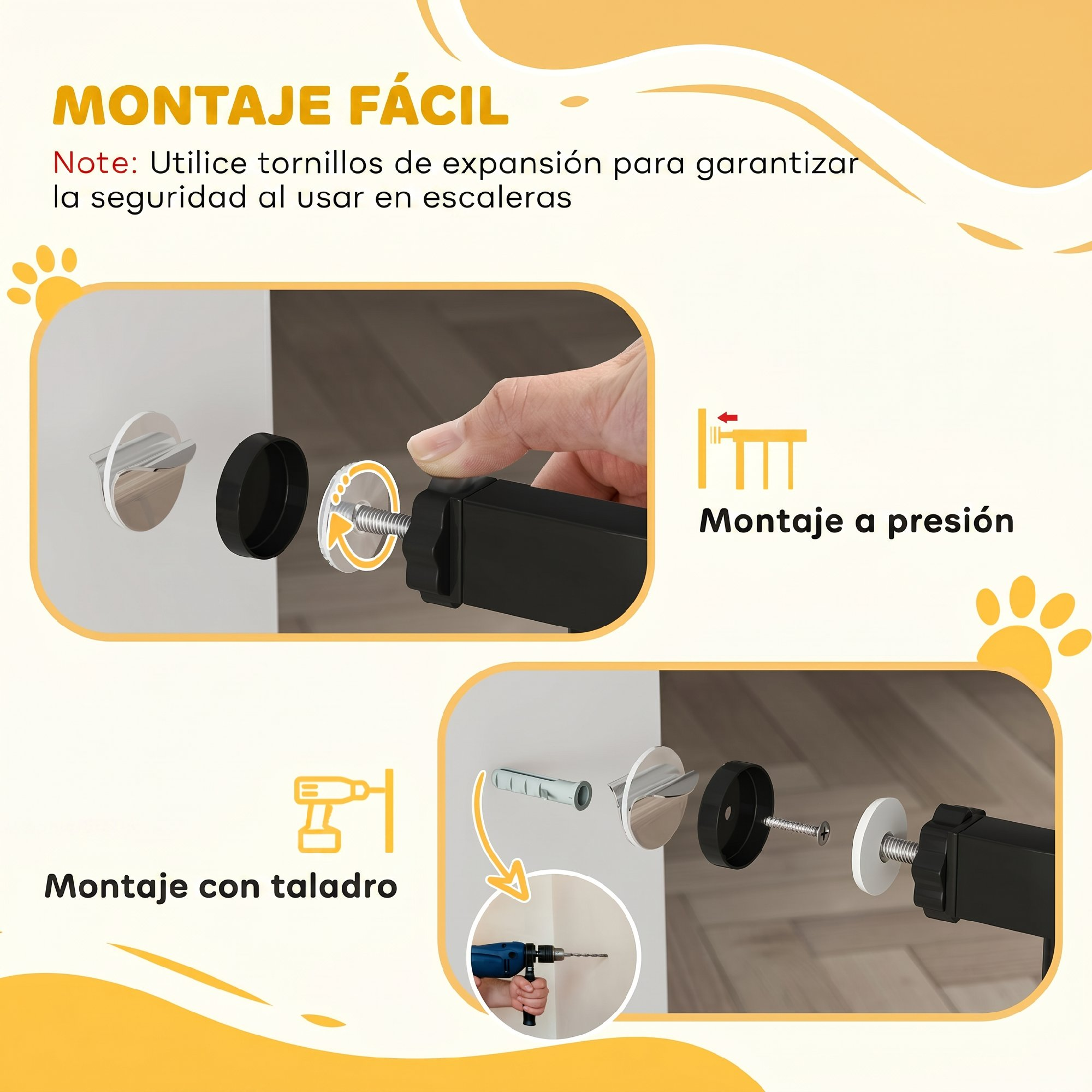 Guía de instalación con dos métodos: montaje a presión y con taladro para una barrera.