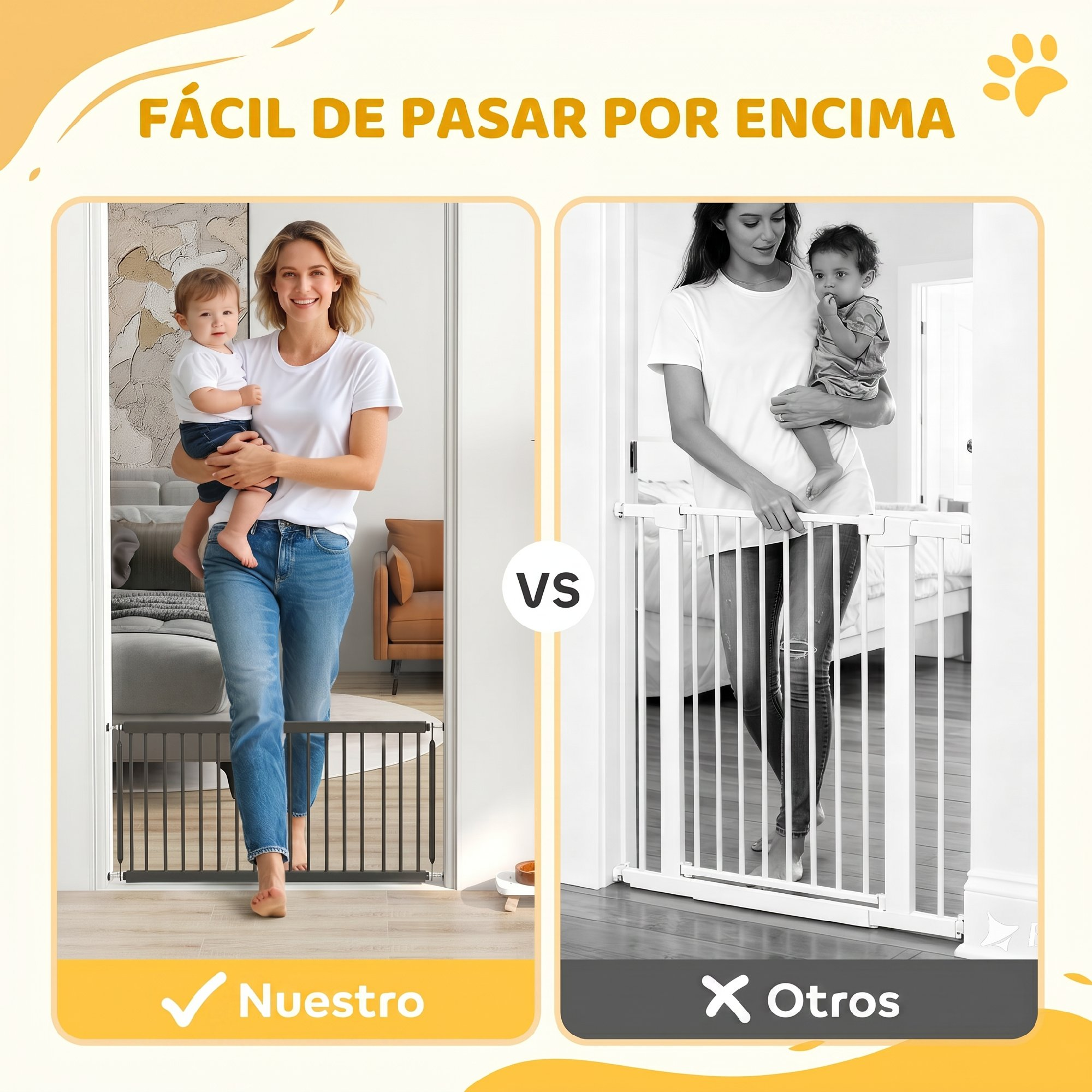 Comparación de dos puertas para bebés: una puerta baja fácil de cruzar a la izquierda, una alta a la derecha.
