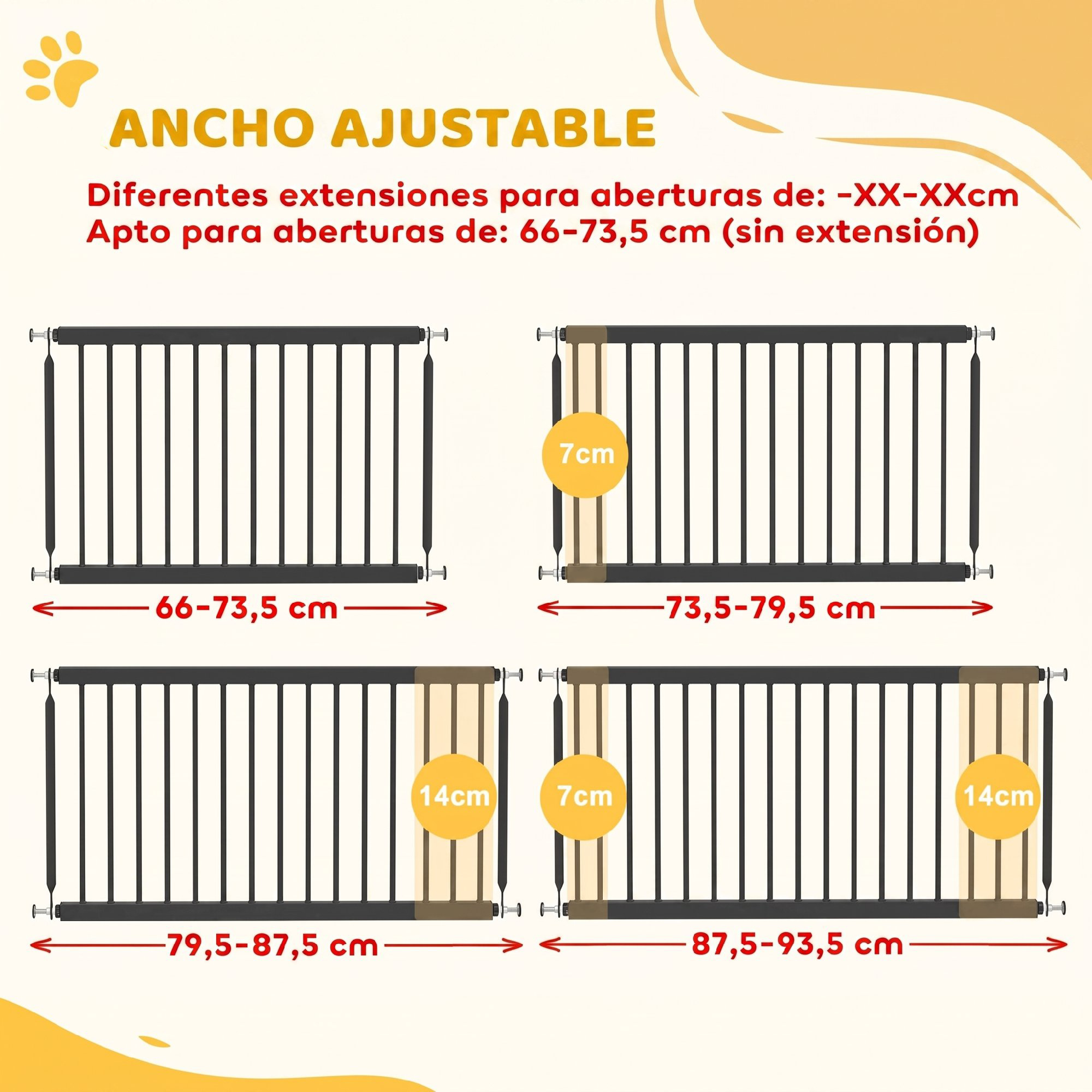 Anchos de puerta de seguridad ajustables con diferentes extensiones de 66 a 93,5 cm.