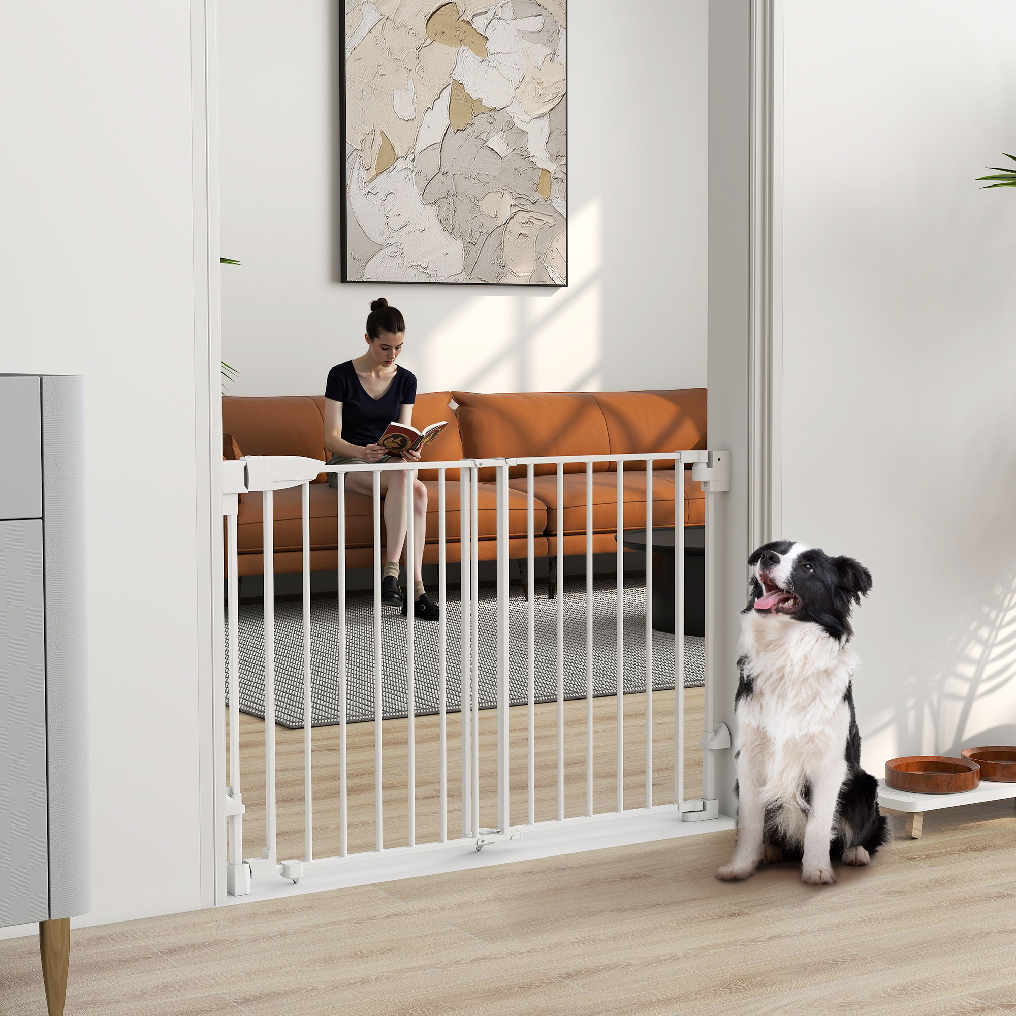 Un border collie se sienta ante una puerta de seguridad blanca, mientras una mujer lee en un sofá al fondo.