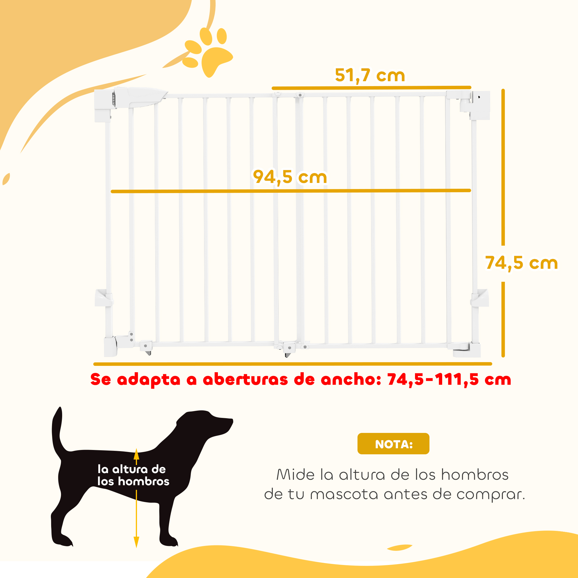 Puerta de seguridad blanca para mascotas con medidas y silueta de perro.