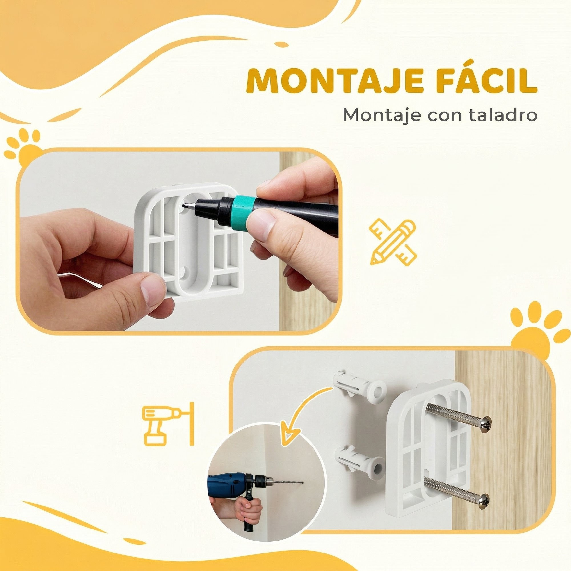 Instrucciones de montaje fácil con taladro, marcando agujeros e insertando tornillos en tacos.