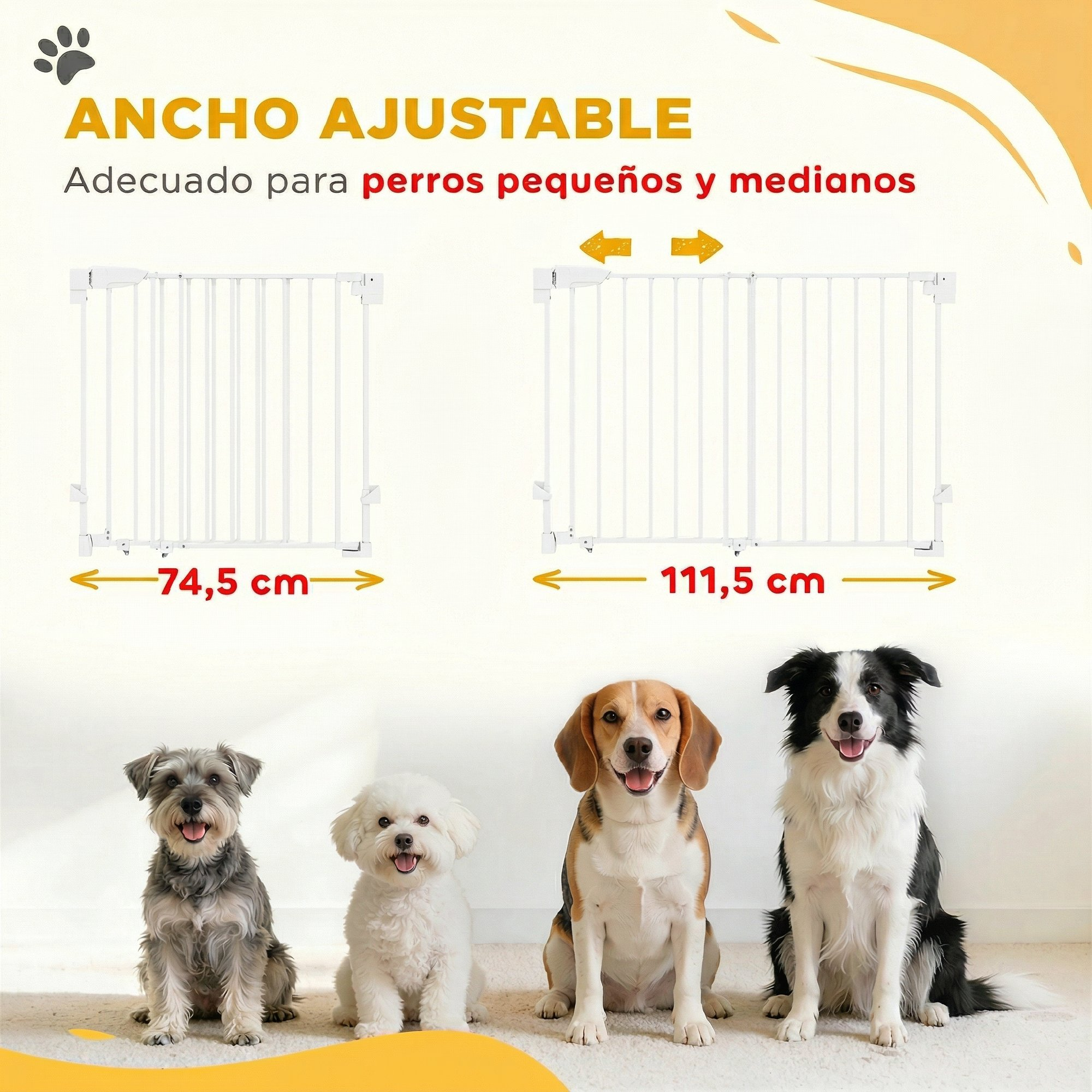 Una puerta de seguridad blanca ajustable para mascotas con cuatro perros sentados debajo.