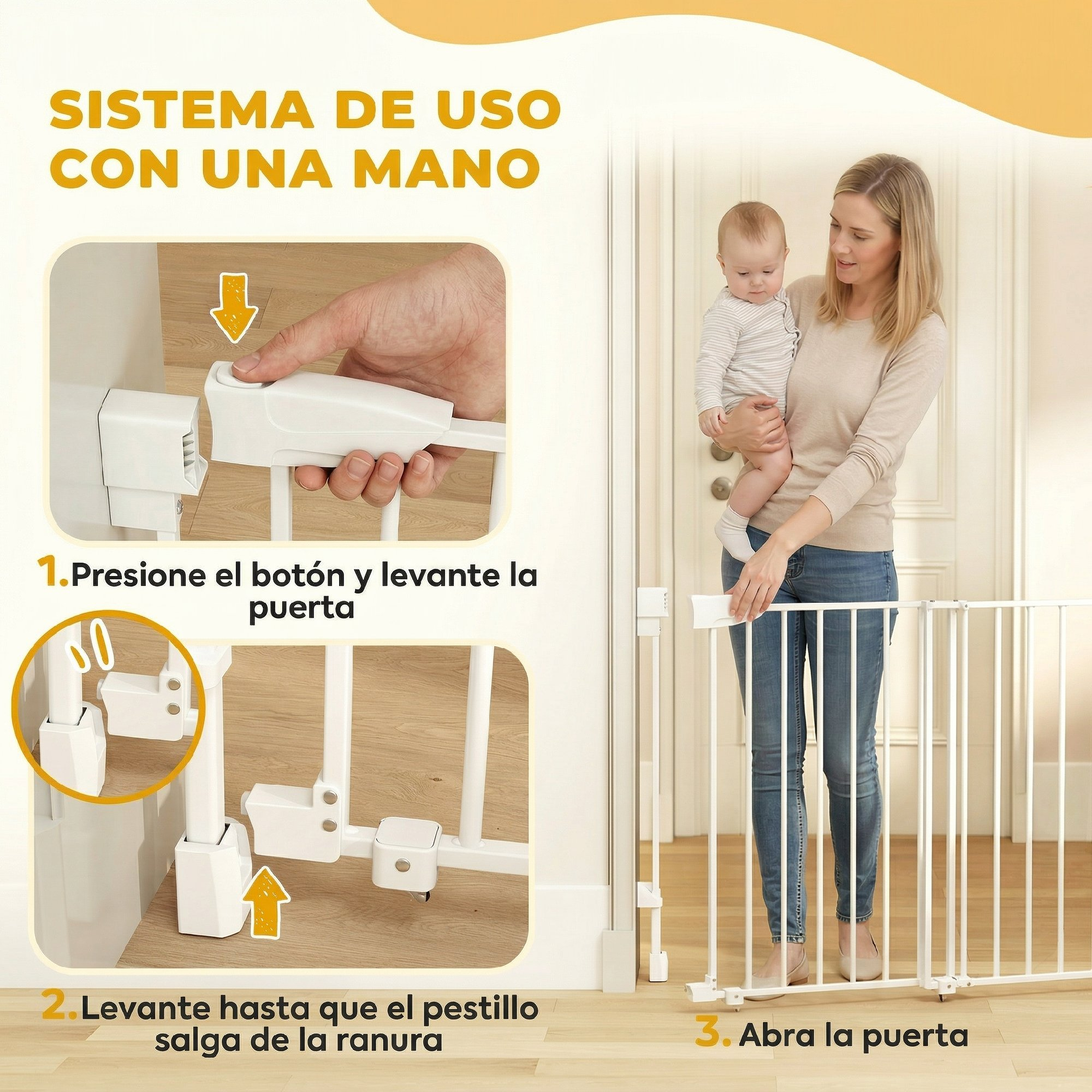 Una mujer con un bebé muestra cómo abrir una puerta de seguridad blanca con una mano en tres pasos.