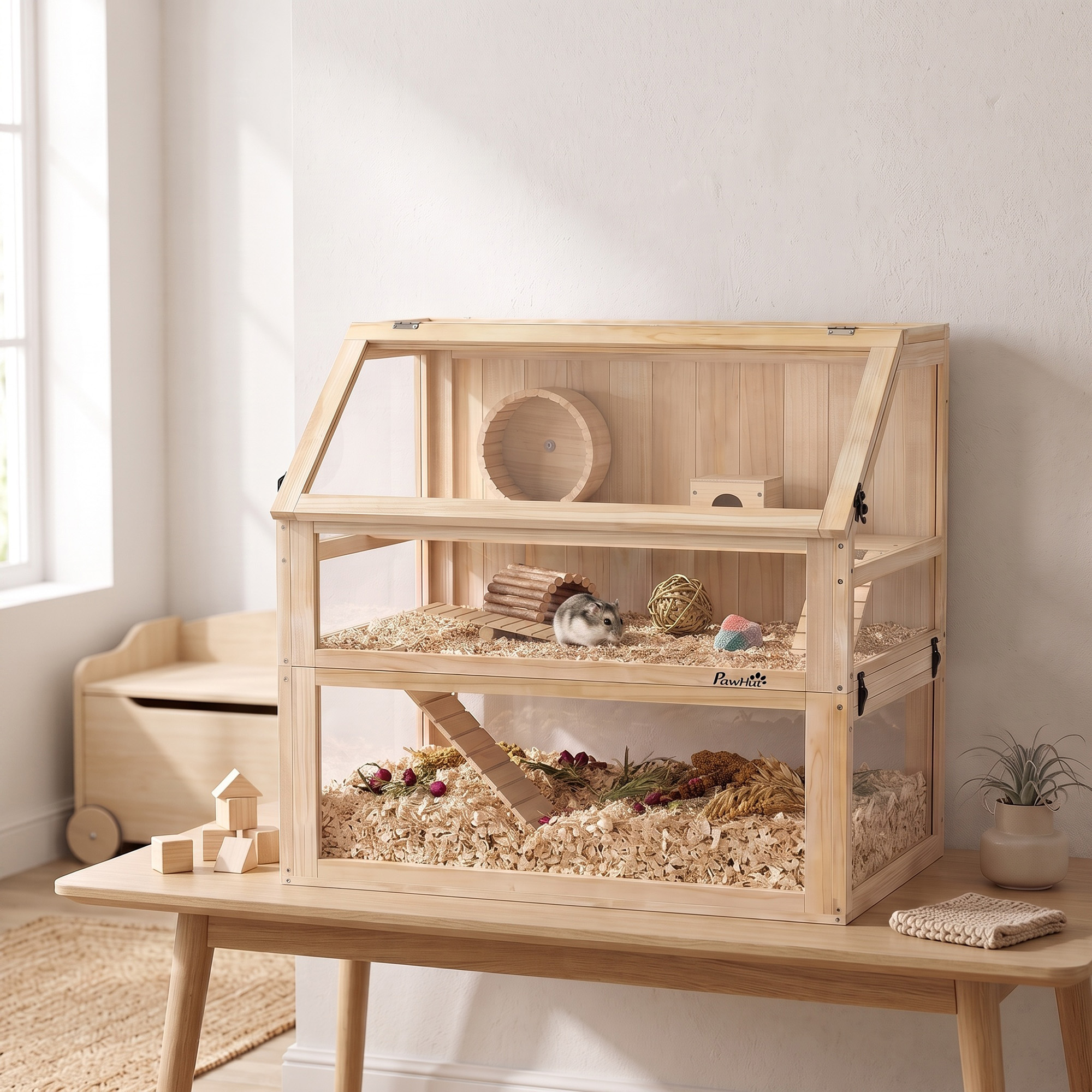 Una jaula de madera para hámster de dos pisos sobre una mesa en una habitación luminosa, con un hámster.