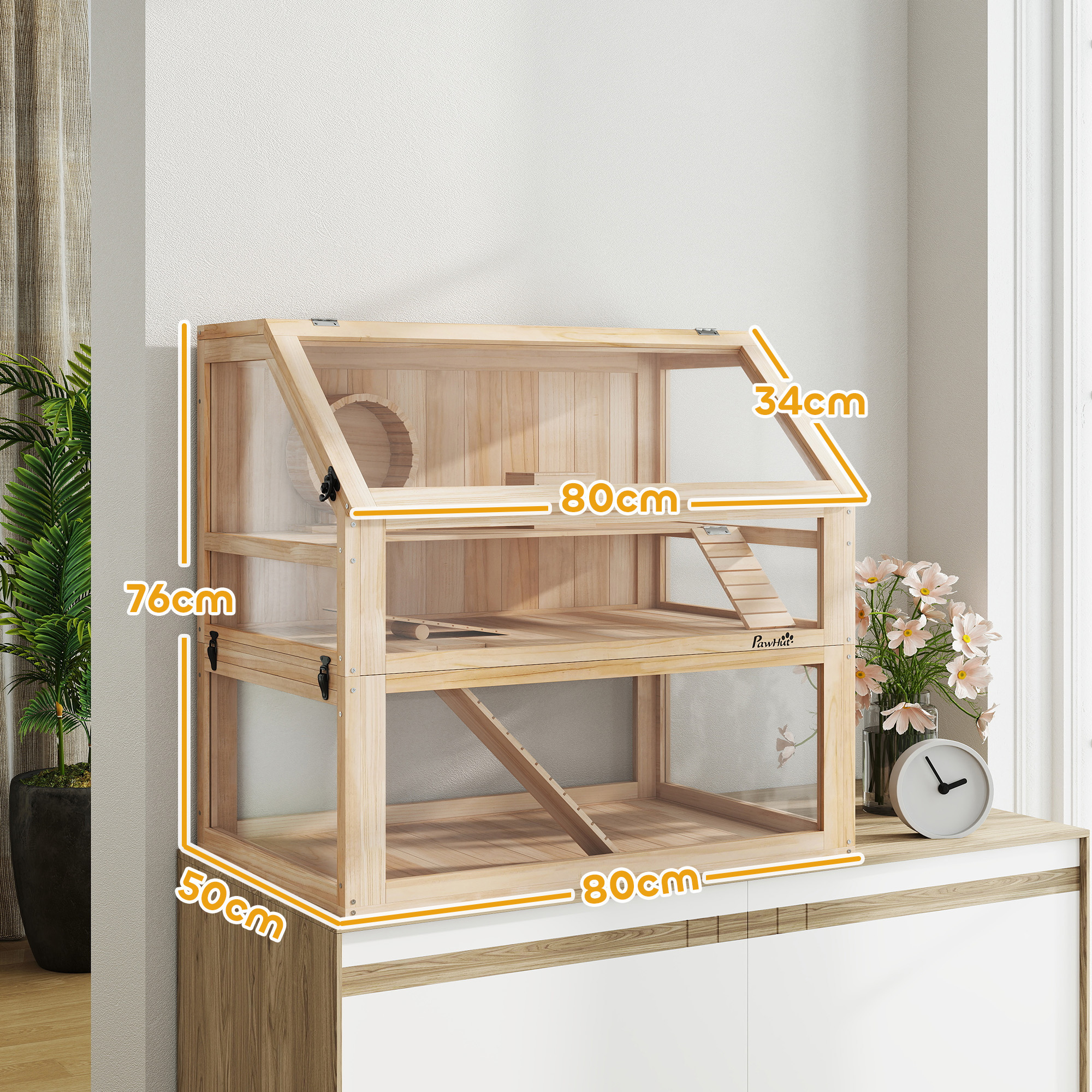 Jaula de madera de varios niveles para hámster con rampas, de 80x50x76cm, sobre un mueble.