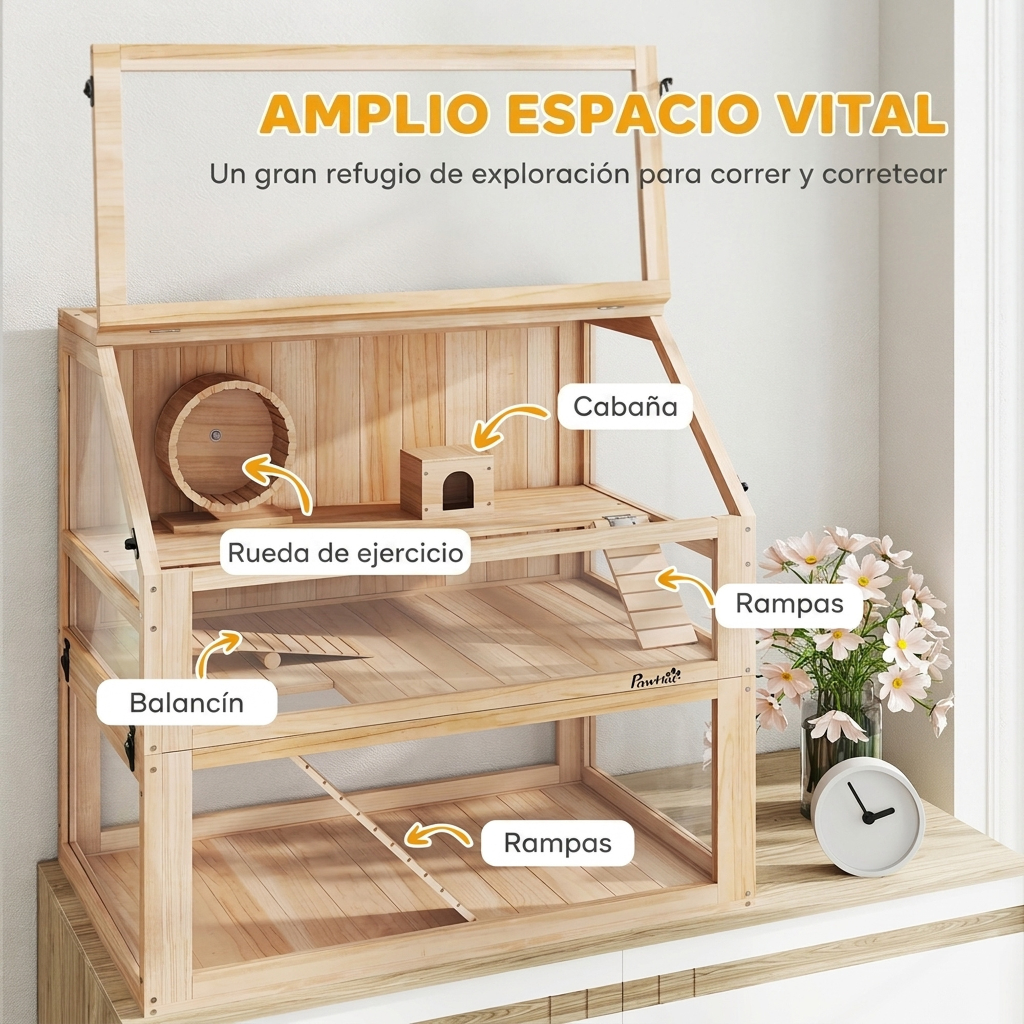 Jaula de madera para hámster de varios niveles con rampas, rueda, refugio, etiquetas en español y un florero.