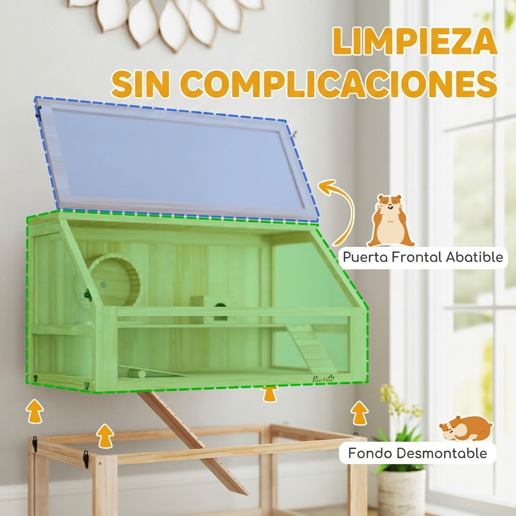 Jaula de madera para hámster con puerta frontal abatible y fondo desmontable.