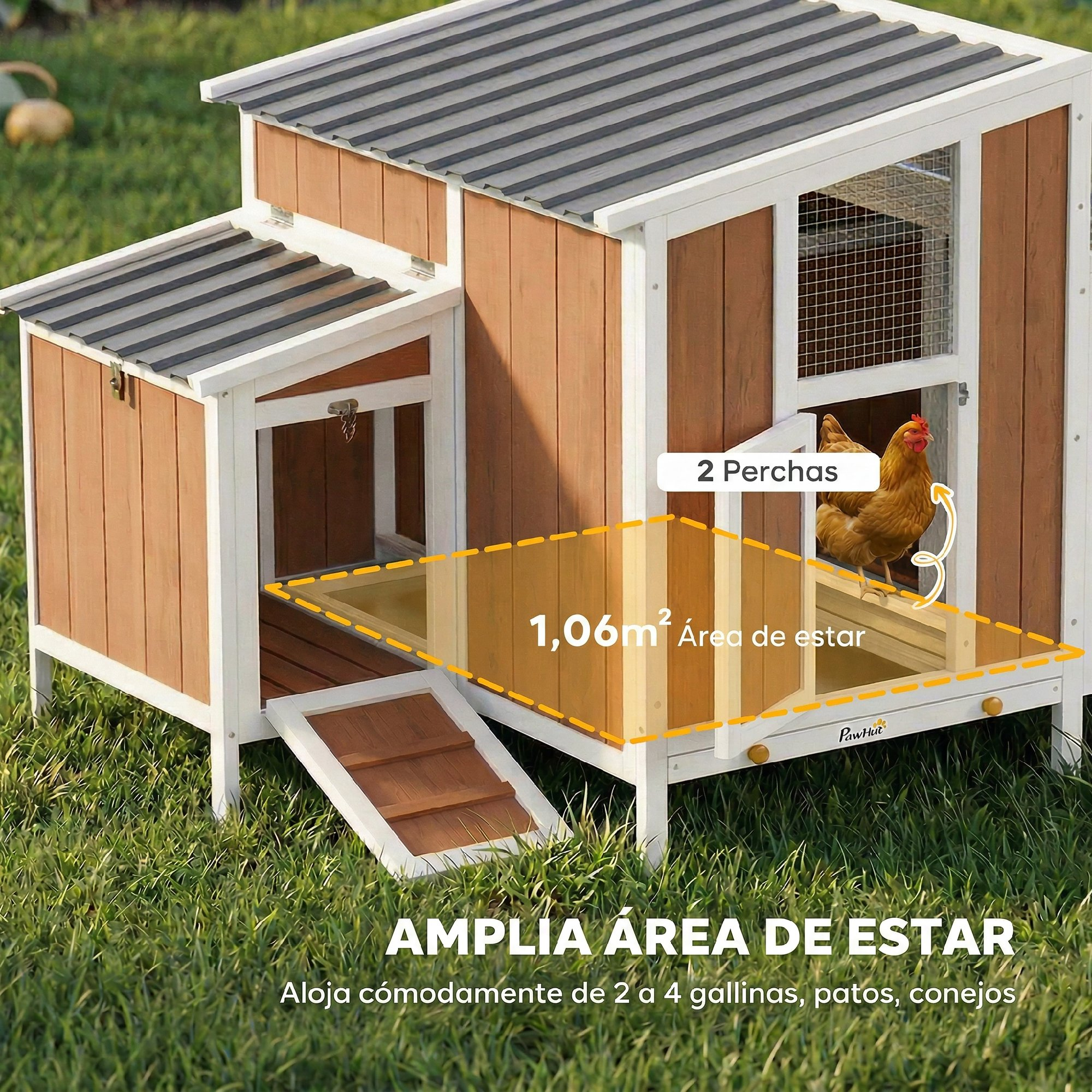 Gallinero de madera sobre césped con techos metálicos, rampa y una gallina. Textos resaltan características.