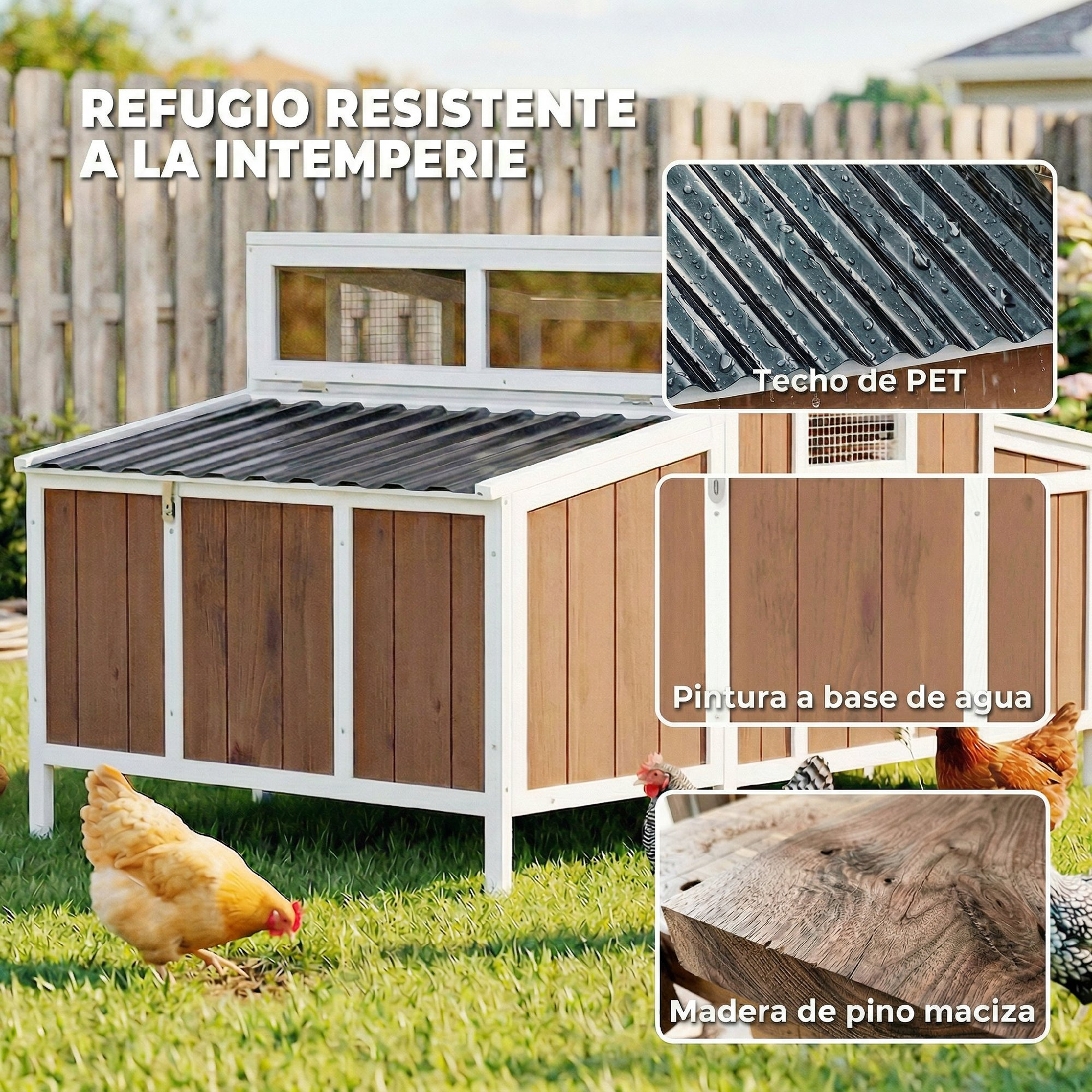 Un gallinero de madera en un jardín con recuadros que muestran el techo de PET, la madera y la pintura.