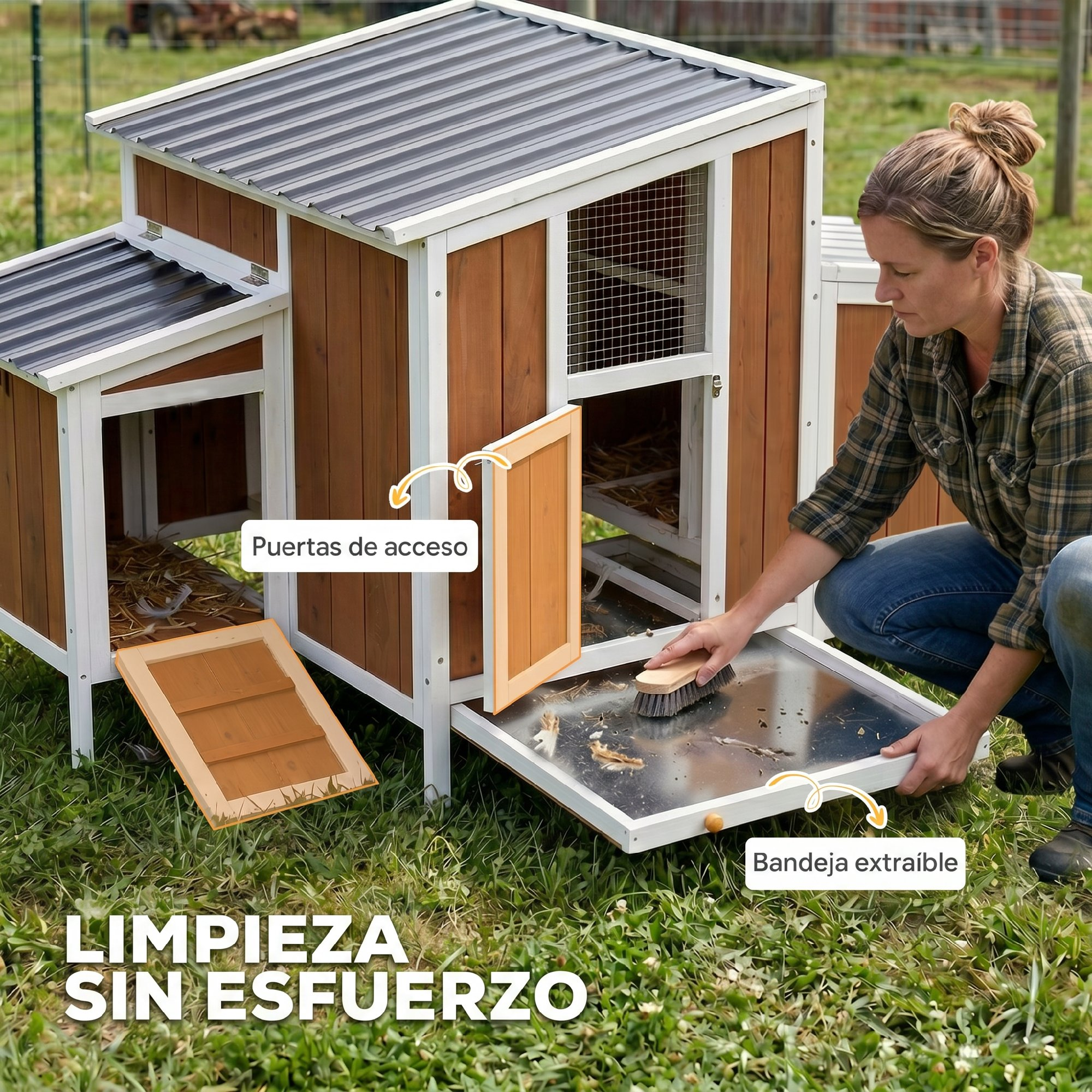 Mujer limpiando una bandeja extraíble de un gallinero.