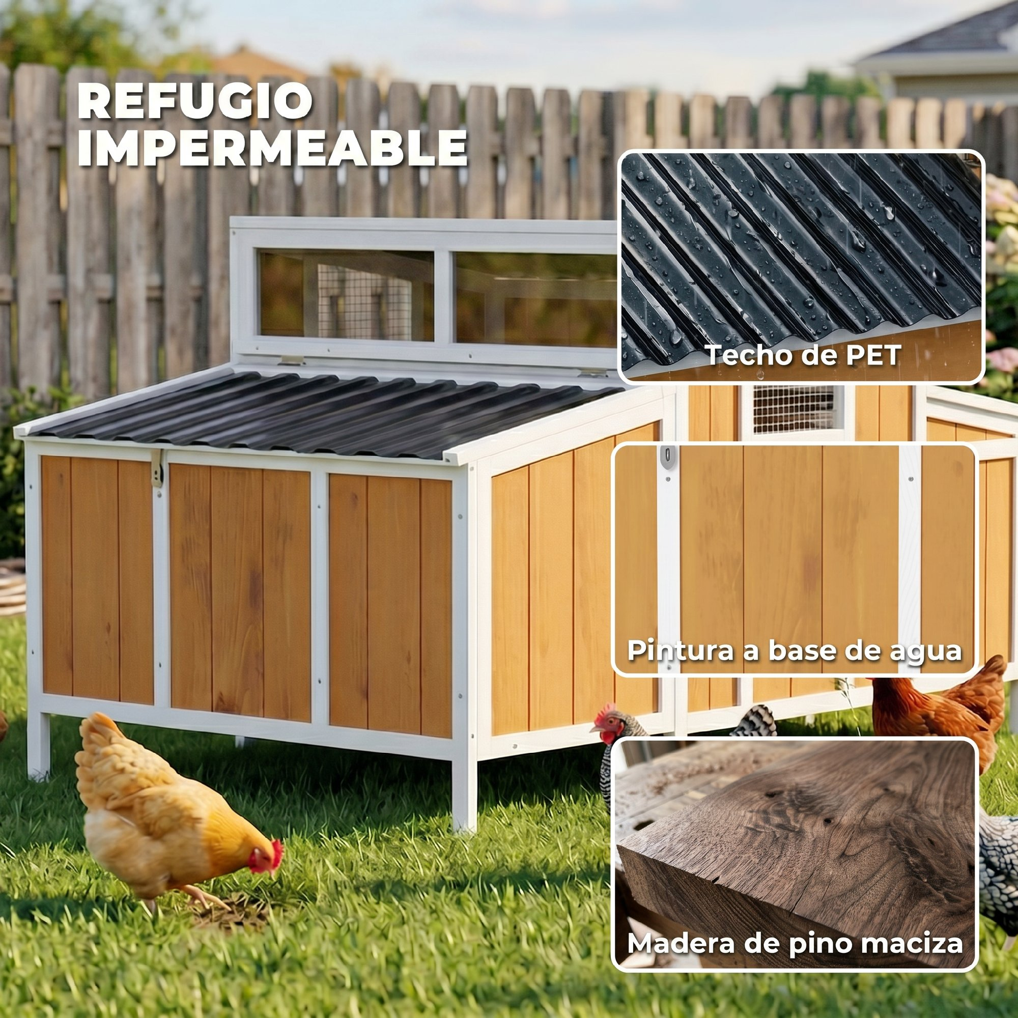 Gallinero de madera impermeable con tres recuadros de detalles y gallinas en el césped.