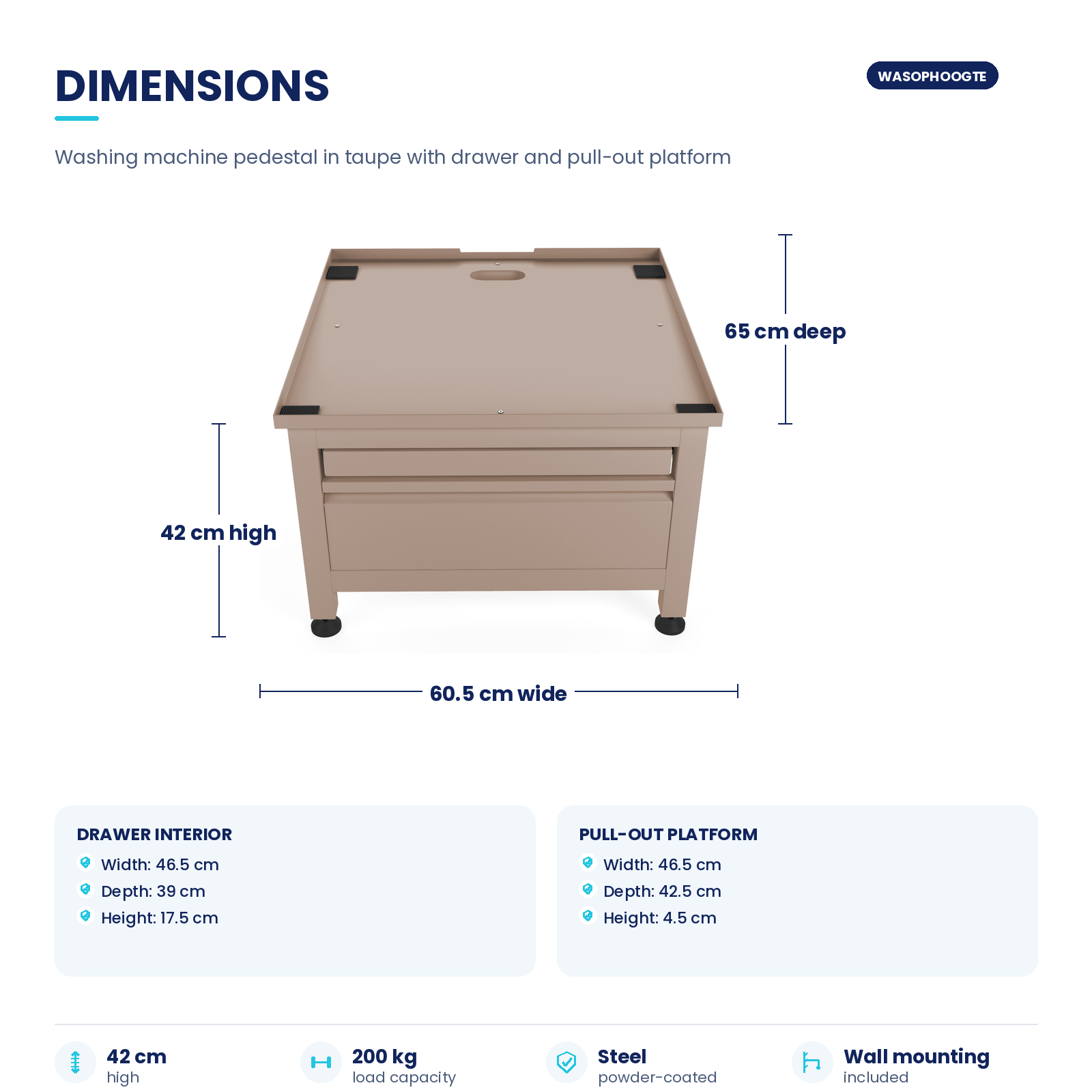 Taupe washing machine pedestal with drawer and pull-out platform, showing dimensions 60.5cm wide, 42cm high, and 65cm deep.