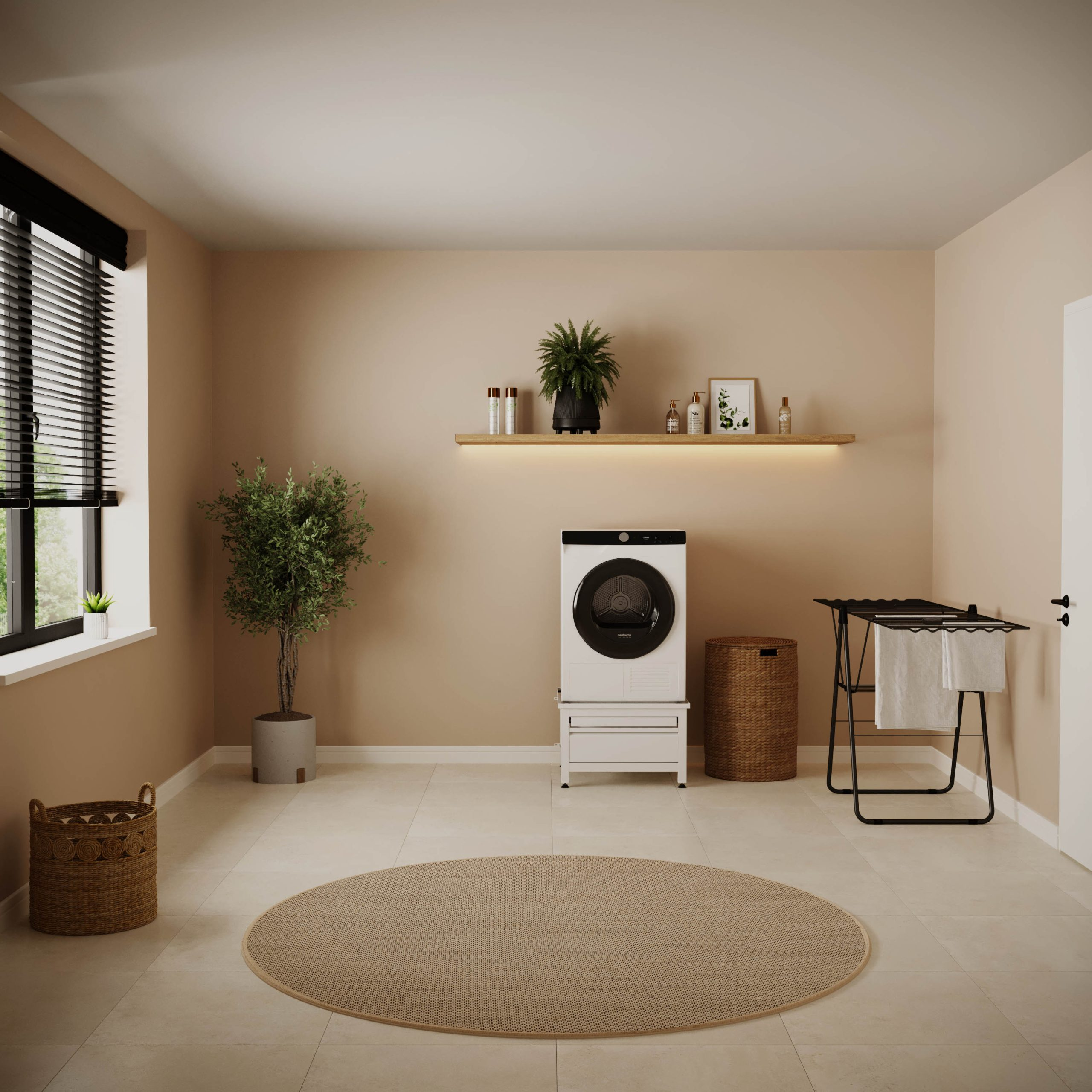 Modern laundry room with beige walls, white dryer, round mat, potted plants, and drying rack.