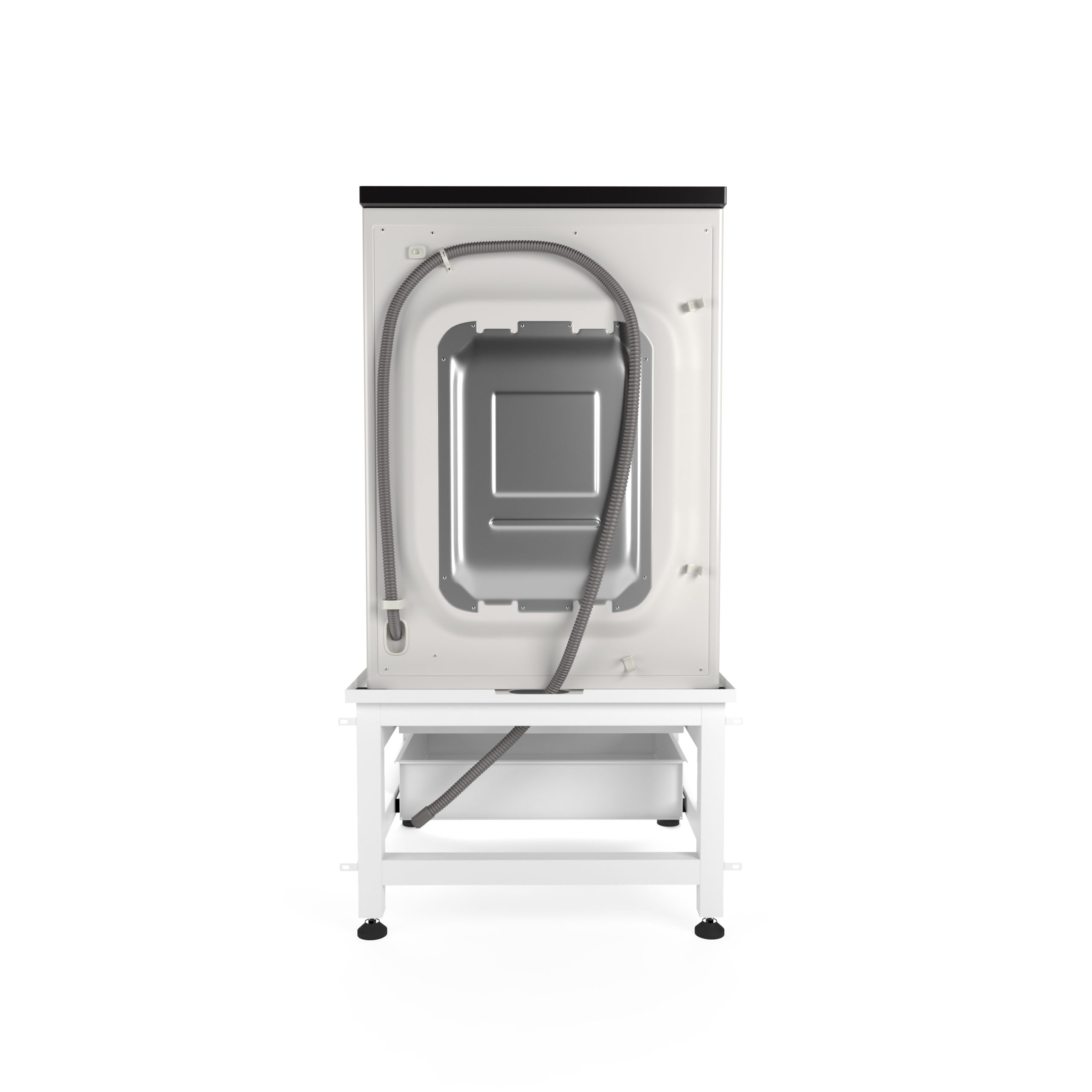 Rear view of a washing machine on a white pedestal featuring a drawer and a grey drainage hose.