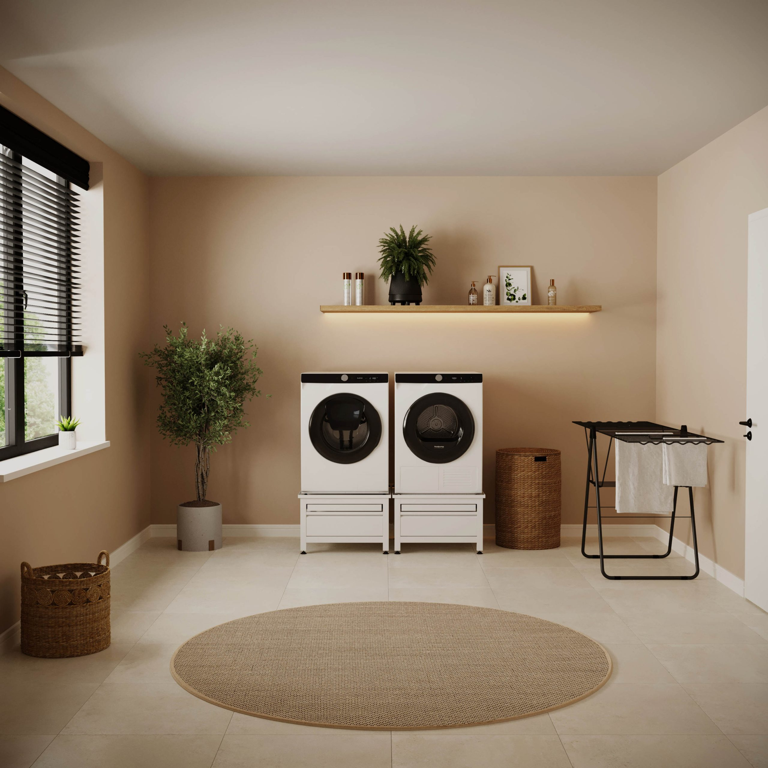 Modern laundry room with washer, dryer, shelves, and round rug on light tiled floor.