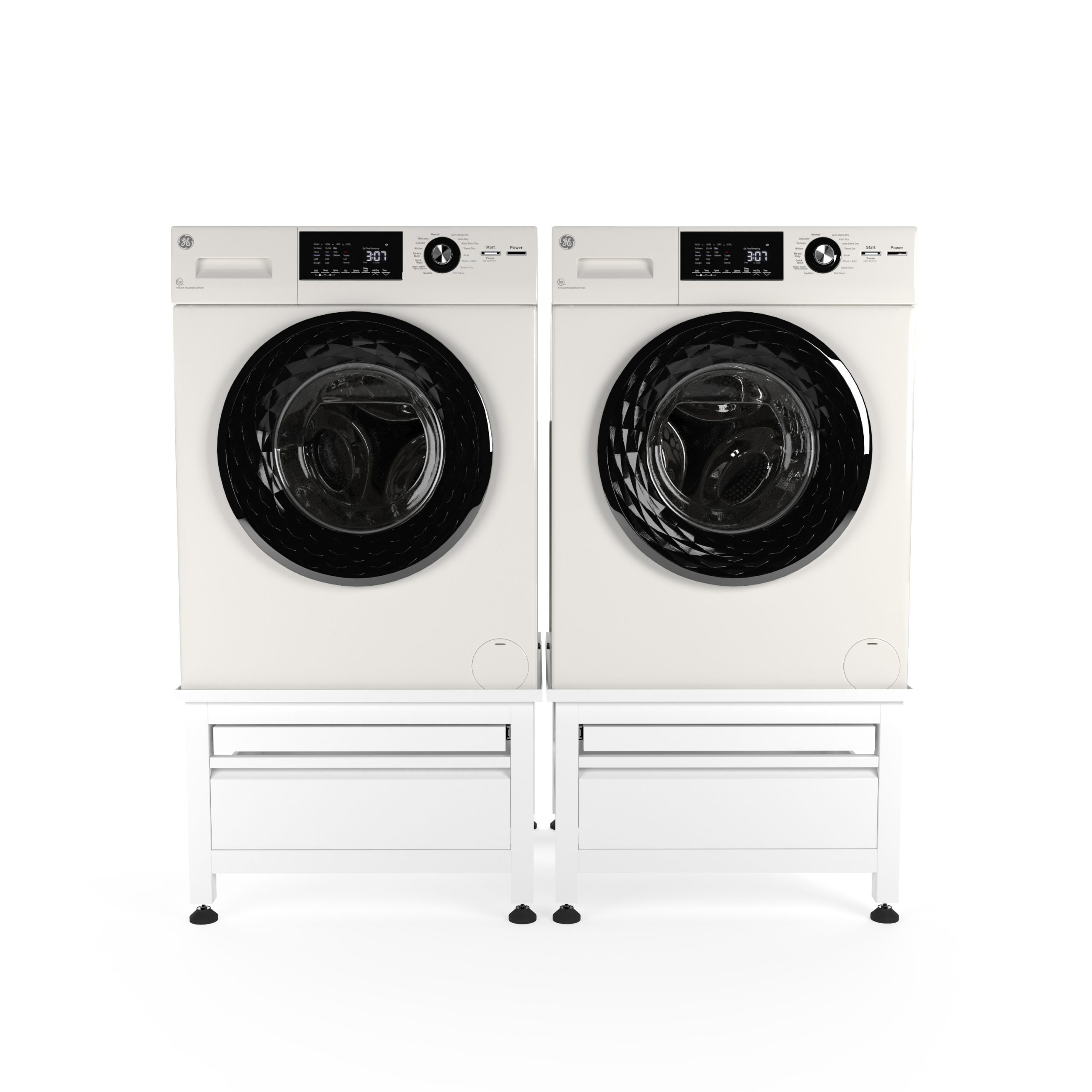 Two white washing machines with black glass doors stand on matching storage pedestals.