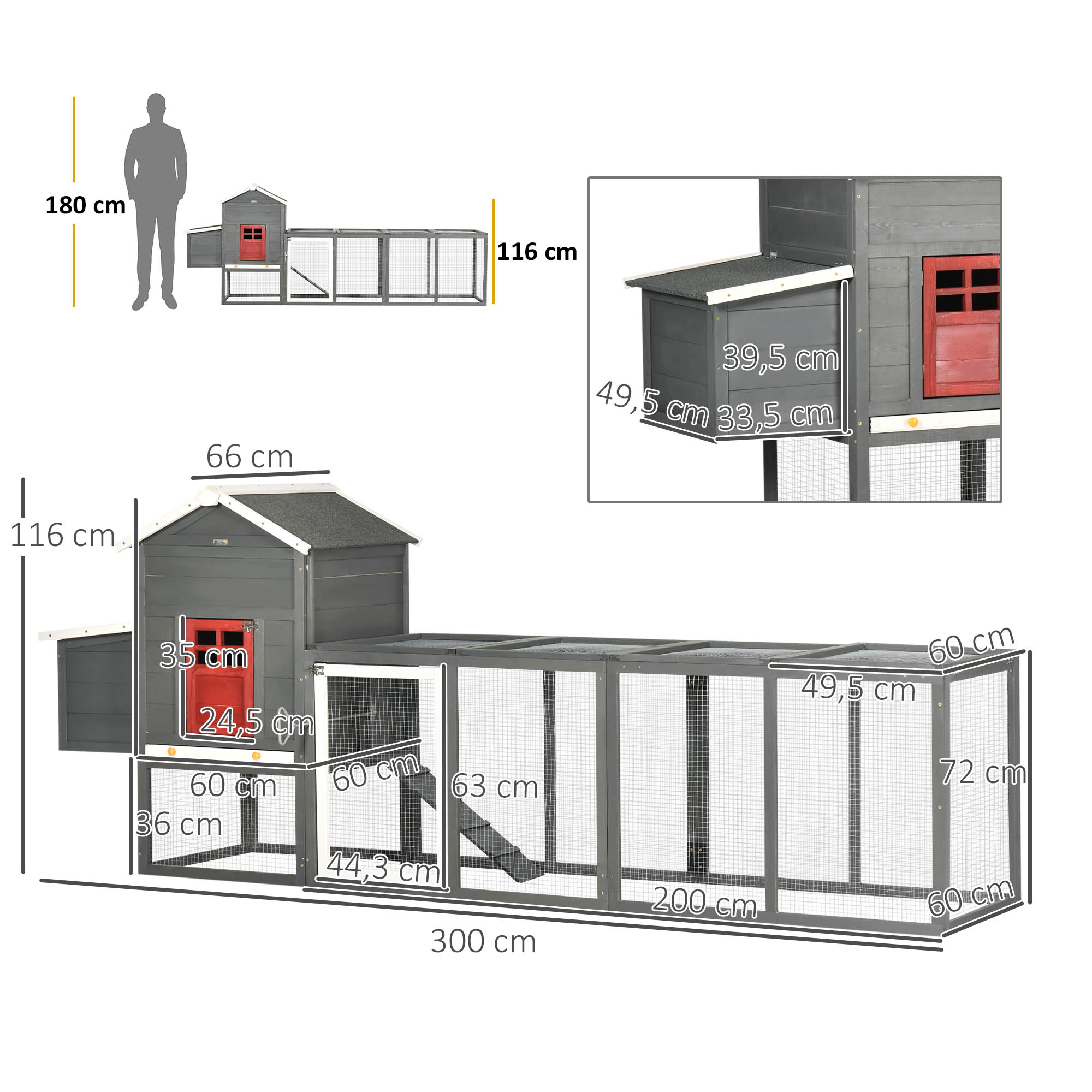 El diagrama muestra las dimensiones de un gallinero gris con puerta roja y largo corral.
