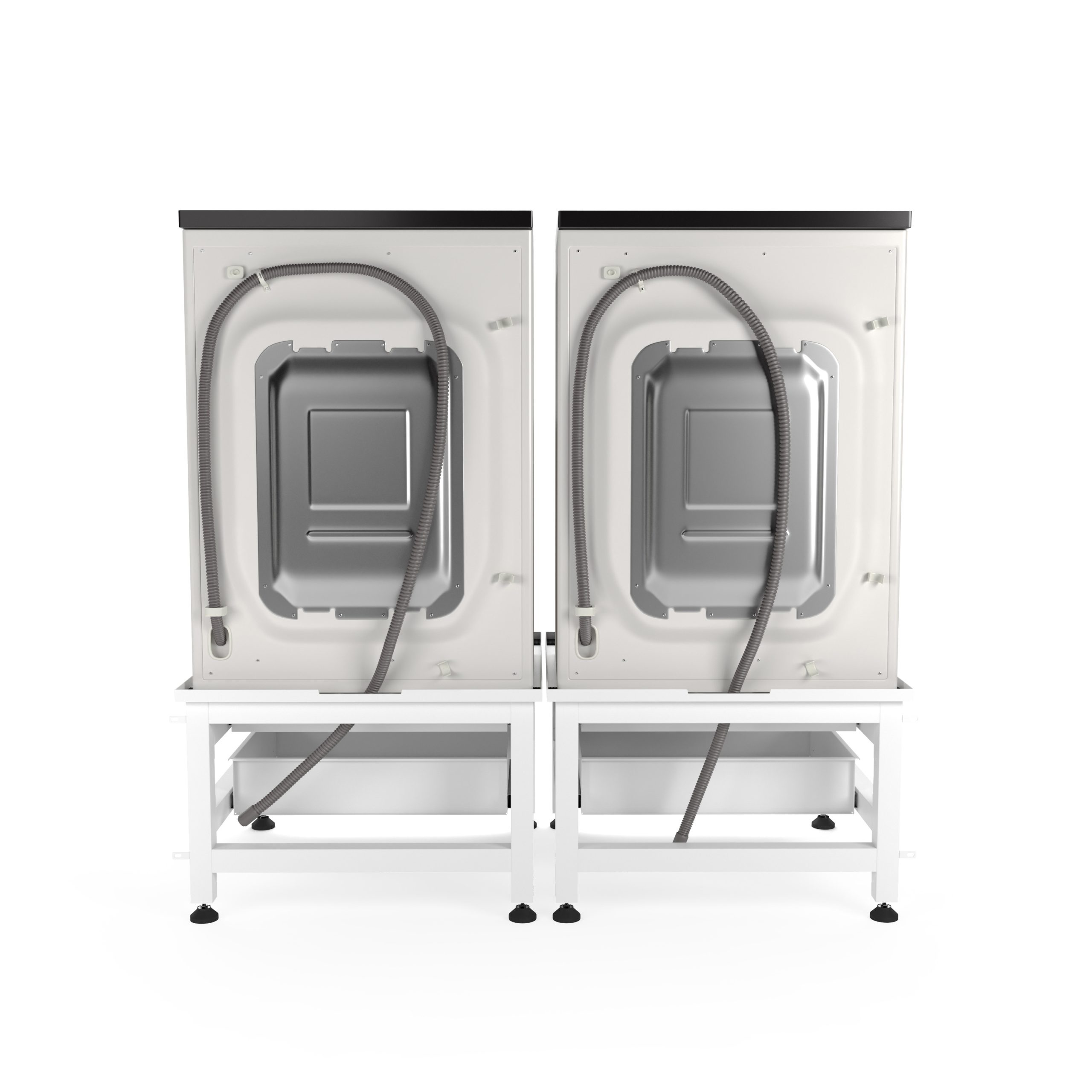 Rear view of two white appliances on metal stands with grey drainage hoses against a white background.
