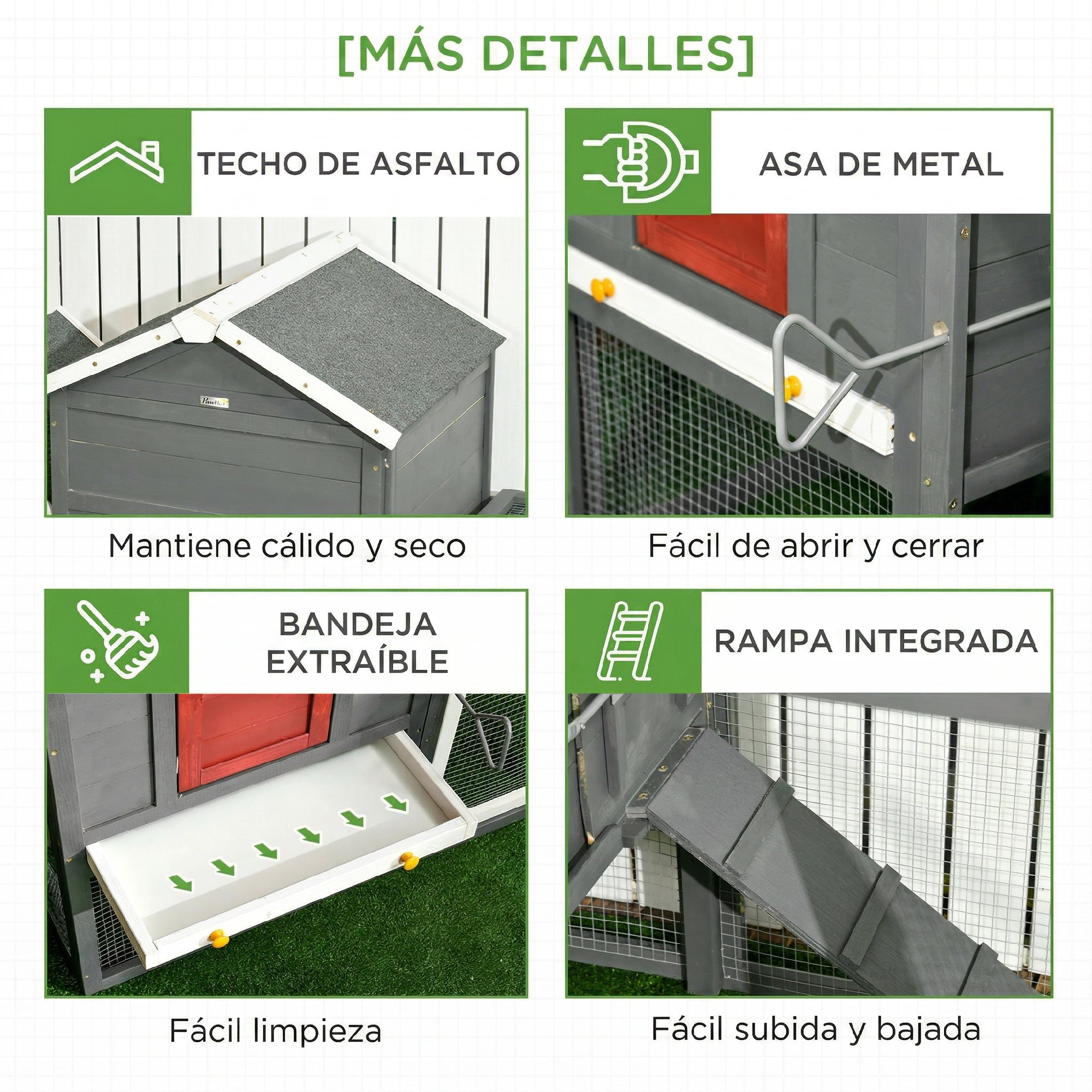 Cuatro paneles que muestran características de una caseta: techo de asfalto, asa de metal, bandeja extraíble y rampa.