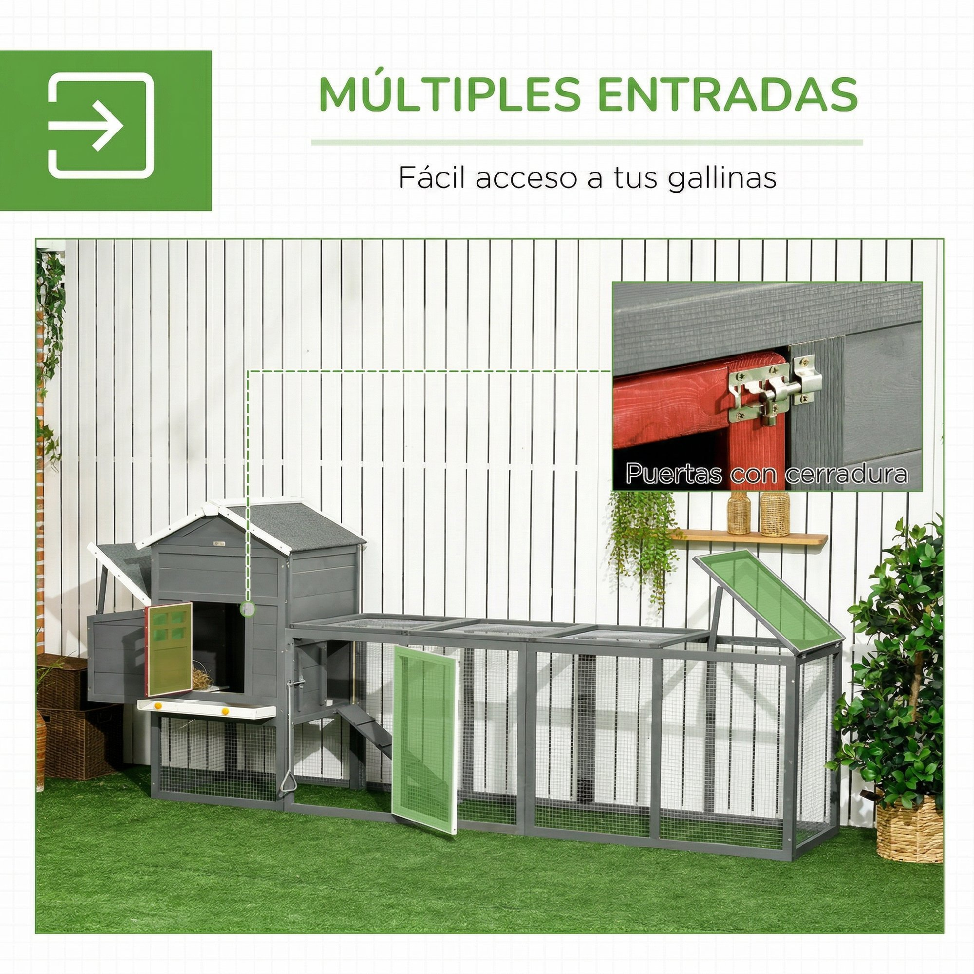 Gallinero de madera con múltiples puertas, acabado gris y blanco, y corral de alambre en césped artificial.