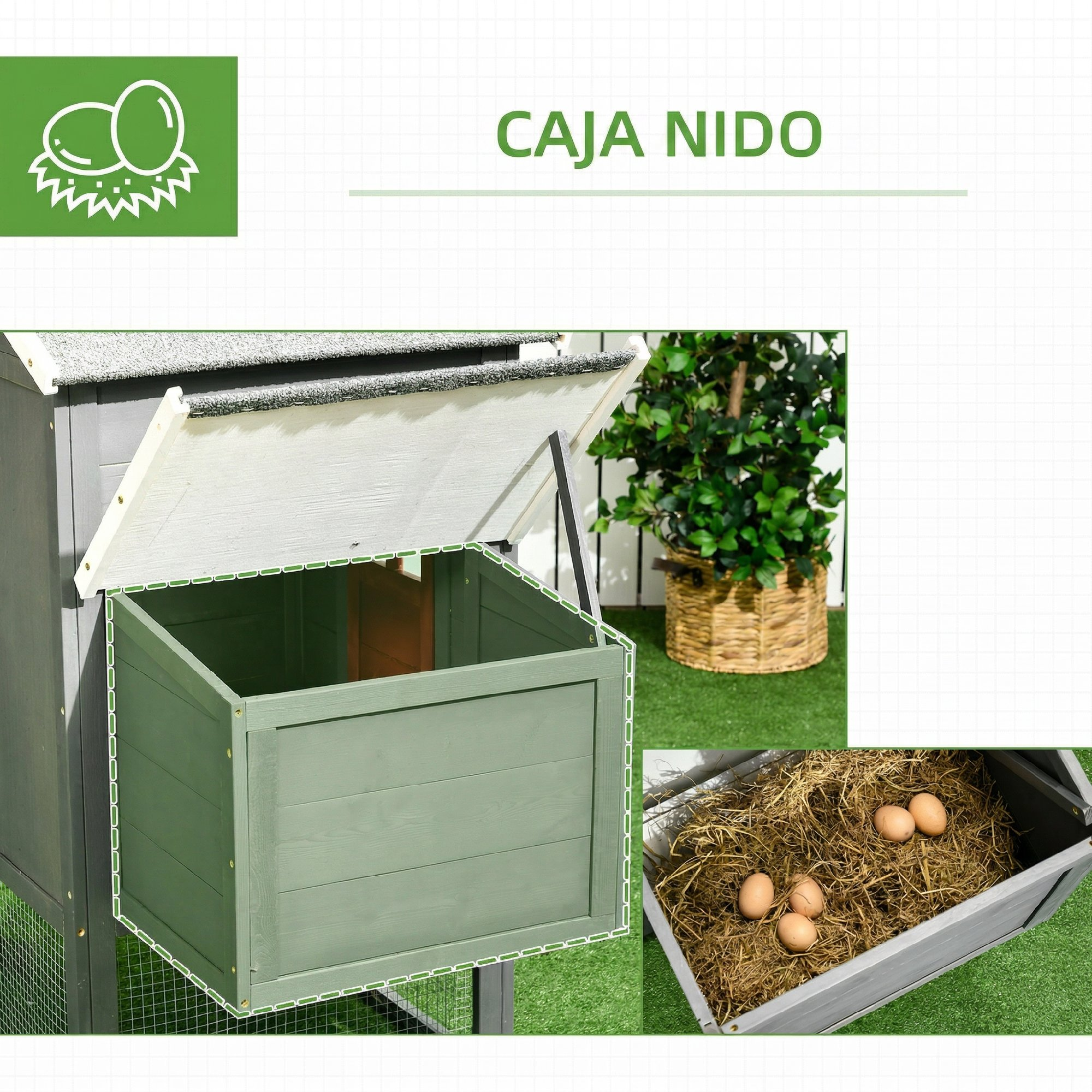 Caja nido de madera para gallinas con techo abierto, huevos sobre paja y una planta en maceta al fondo.