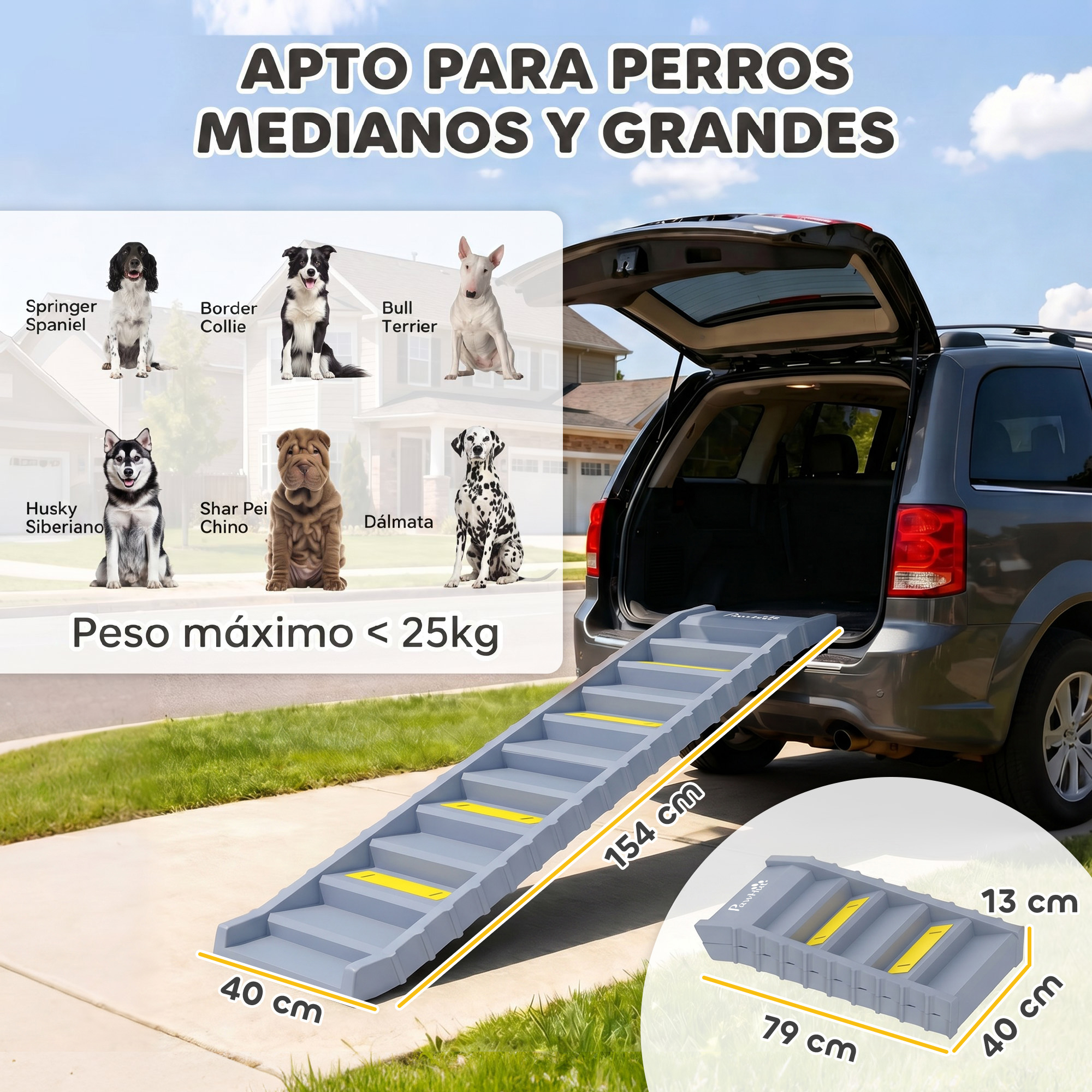 Rampa de coche para perros gris con escalones y tiras antideslizantes amarillas, medidas y perros.