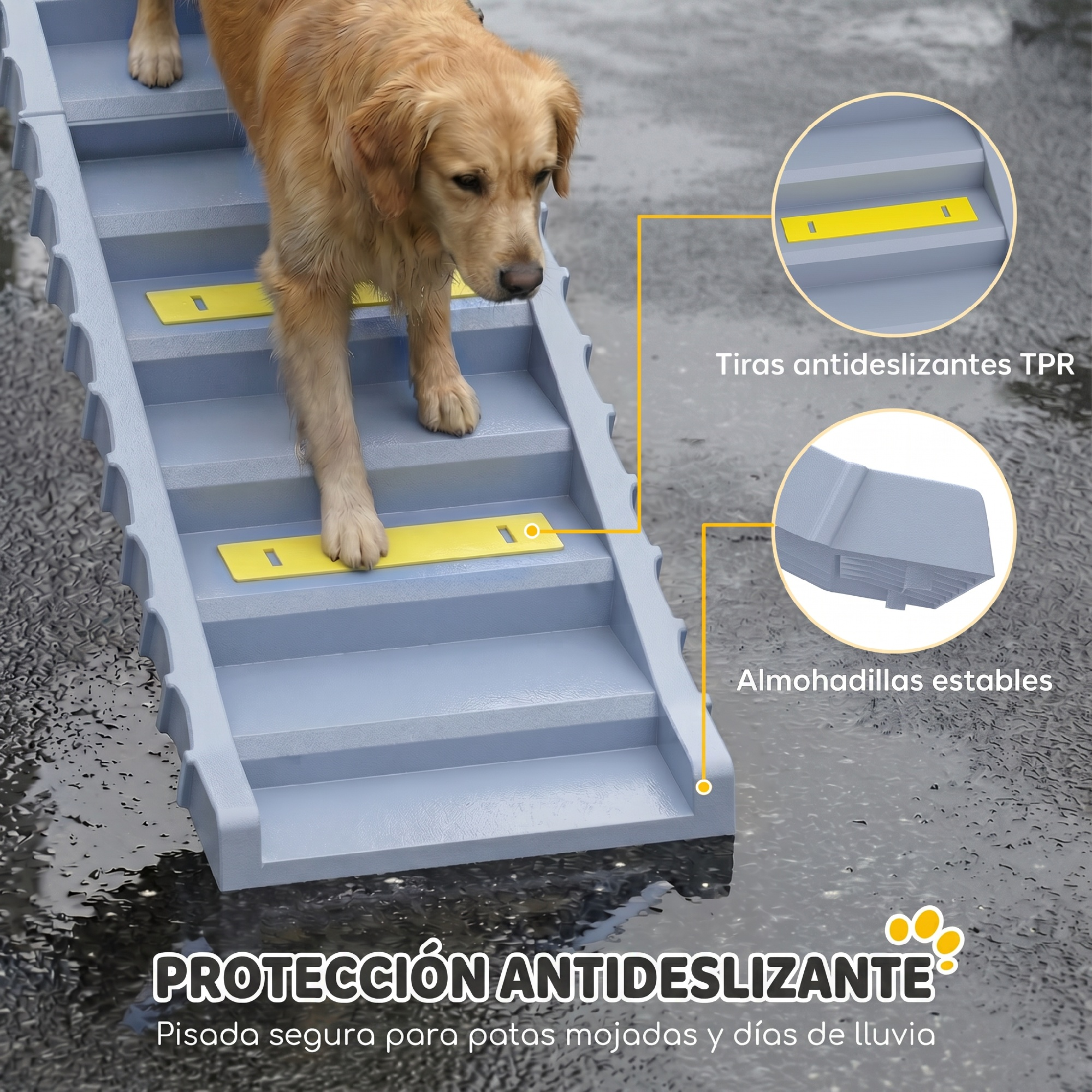 Un golden retriever baja por escaleras grises para mascotas con tiras antideslizantes.