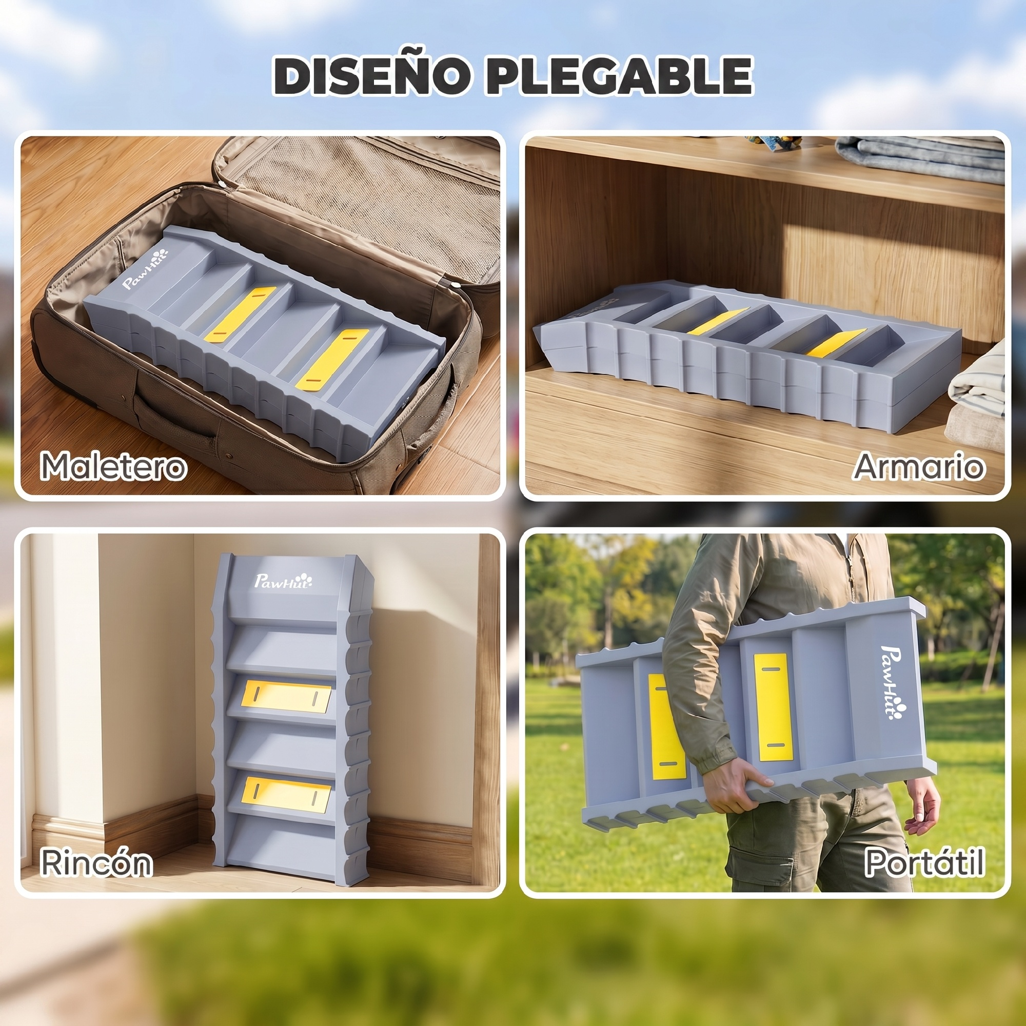 Cuatro paneles muestran una escalera plegable gris para mascotas en una maleta, armario, rincón y transportada.