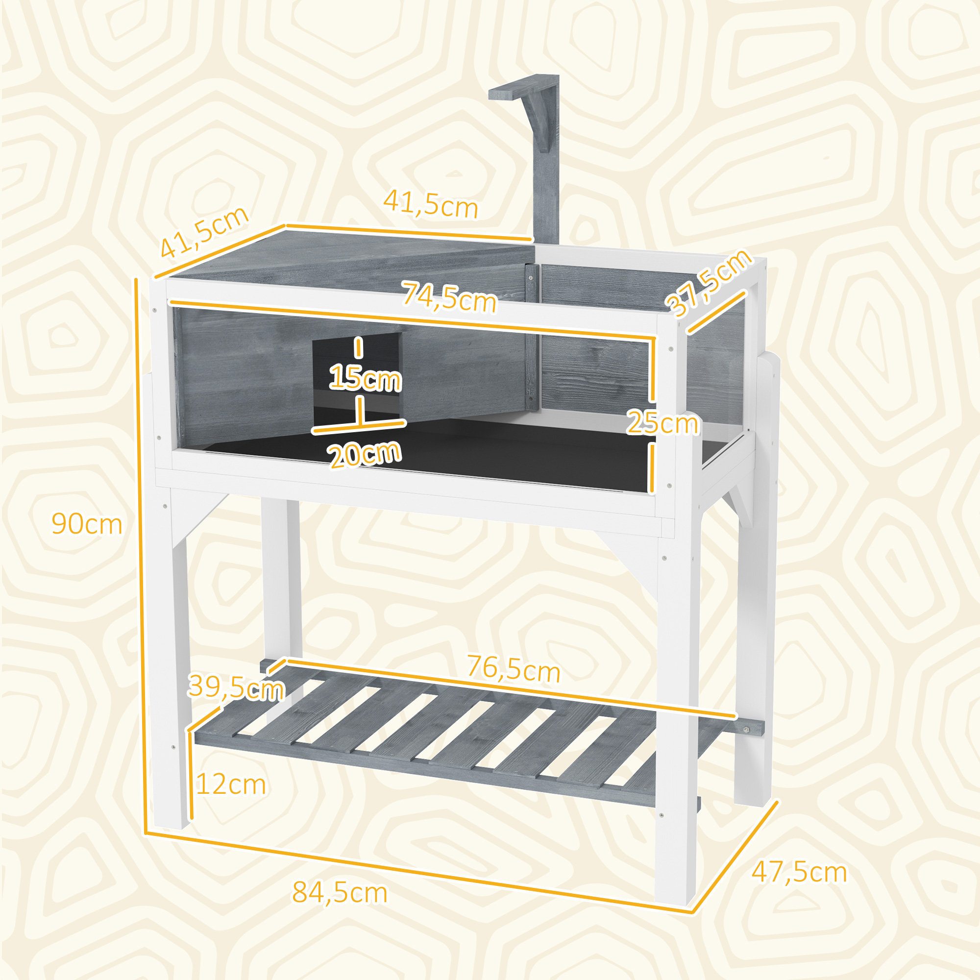 Mascota de madera blanca y gris con dimensiones marcadas en amarillo sobre fondo estampado.