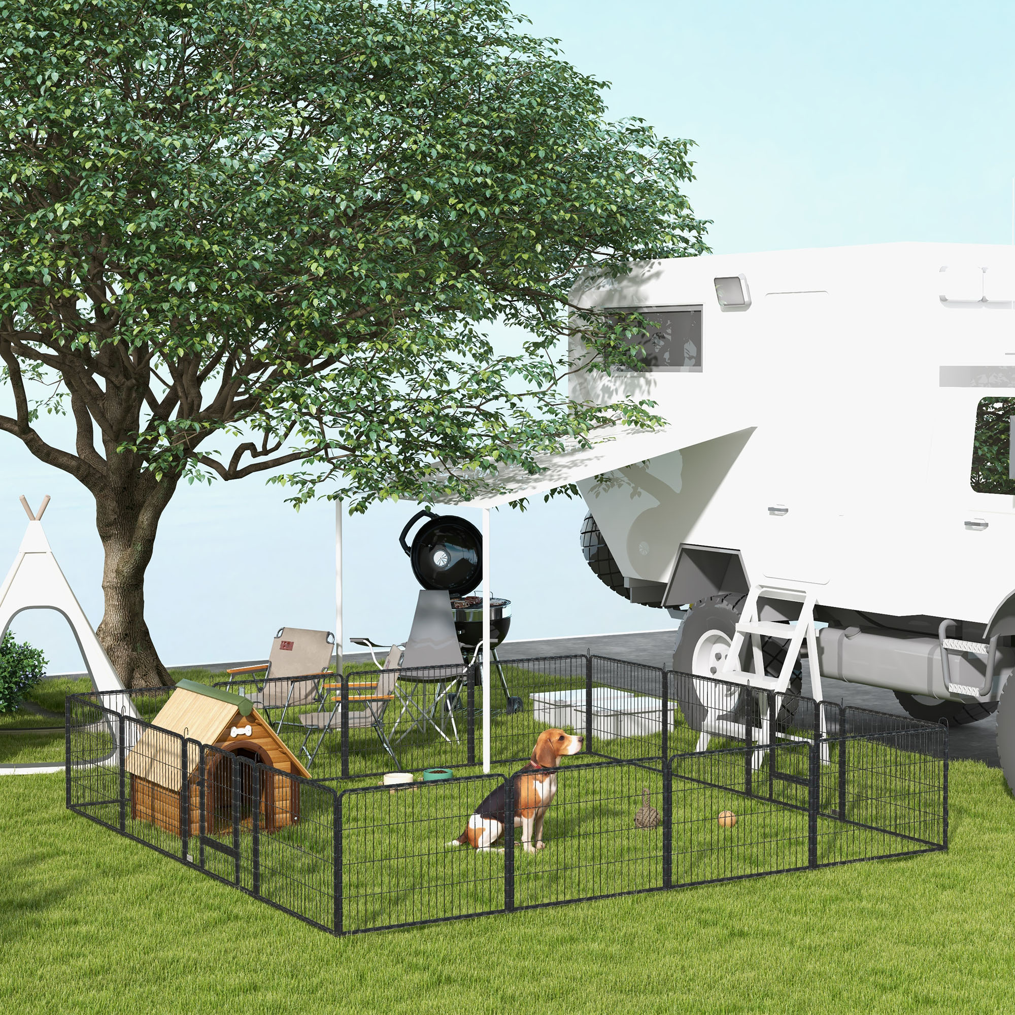 Un beagle se sienta en una zona de césped cercada junto a una autocaravana y un gran árbol.