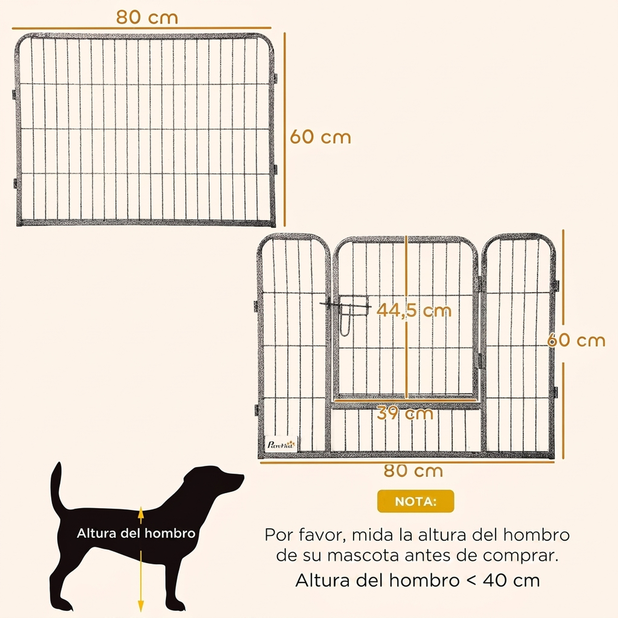 Diagrama con dimensiones de reja metálica y silueta de perro midiendo altura de hombro bajo 40 cm.