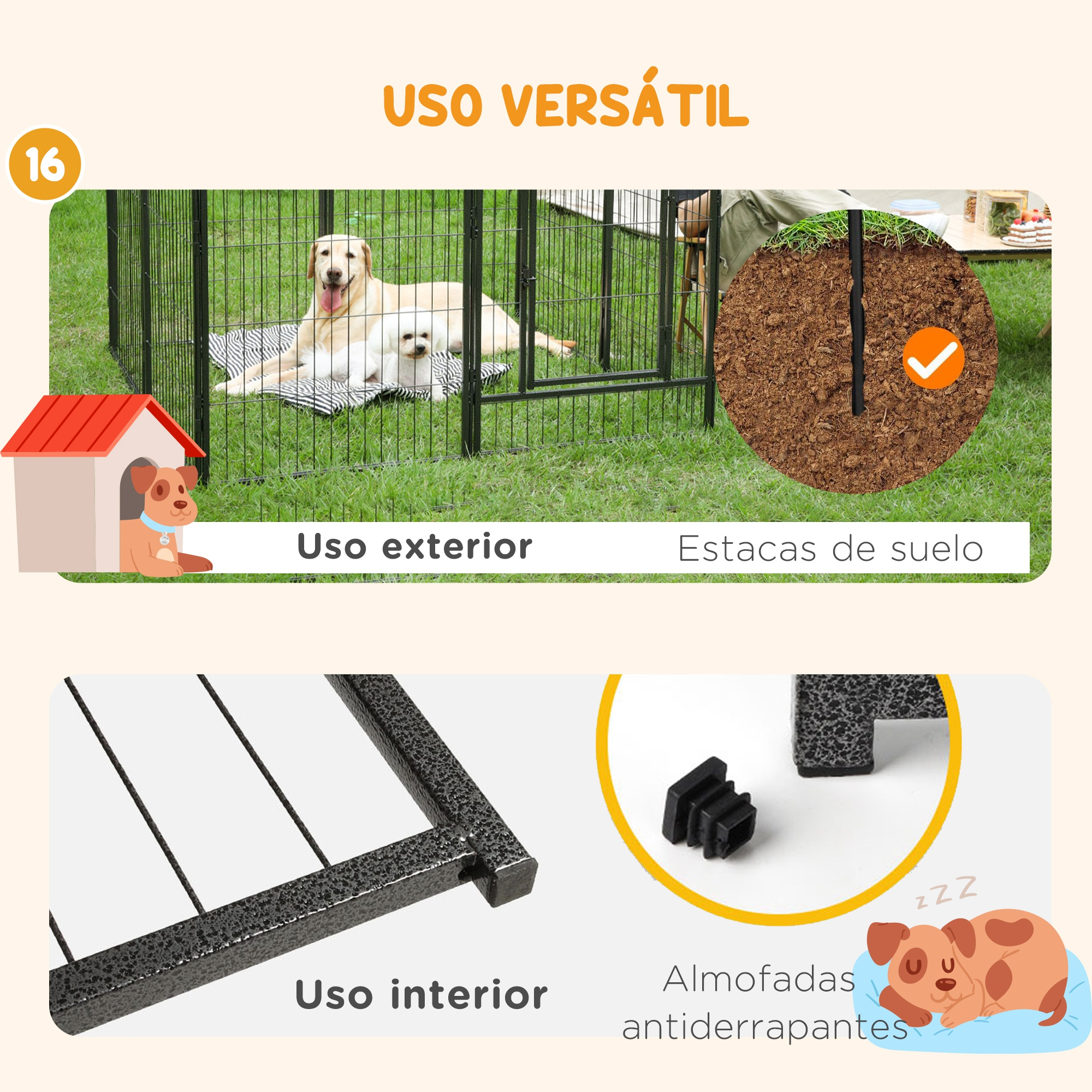 Perros en un corral metálico al aire libre con estacas y detalle de una pata con almohadilla antideslizante.