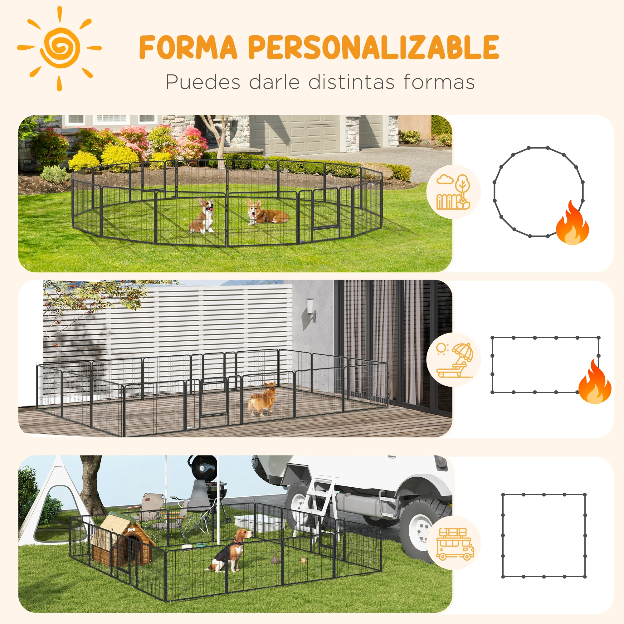 Parque para perros personalizable mostrado en varias formas en césped y terraza.