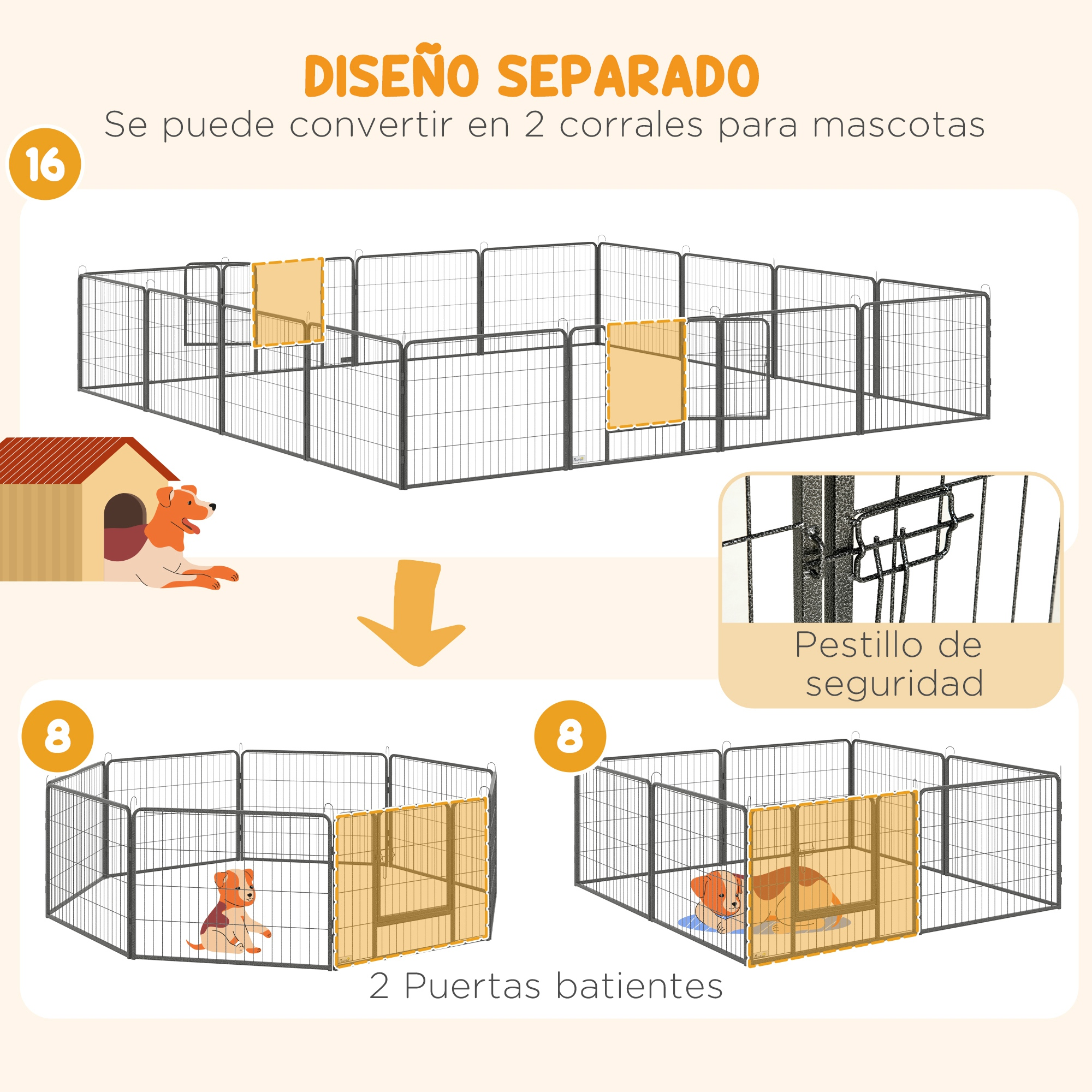 Un gran parque para mascotas divisible en dos recintos más pequeños, con dos puertas y pestillos.