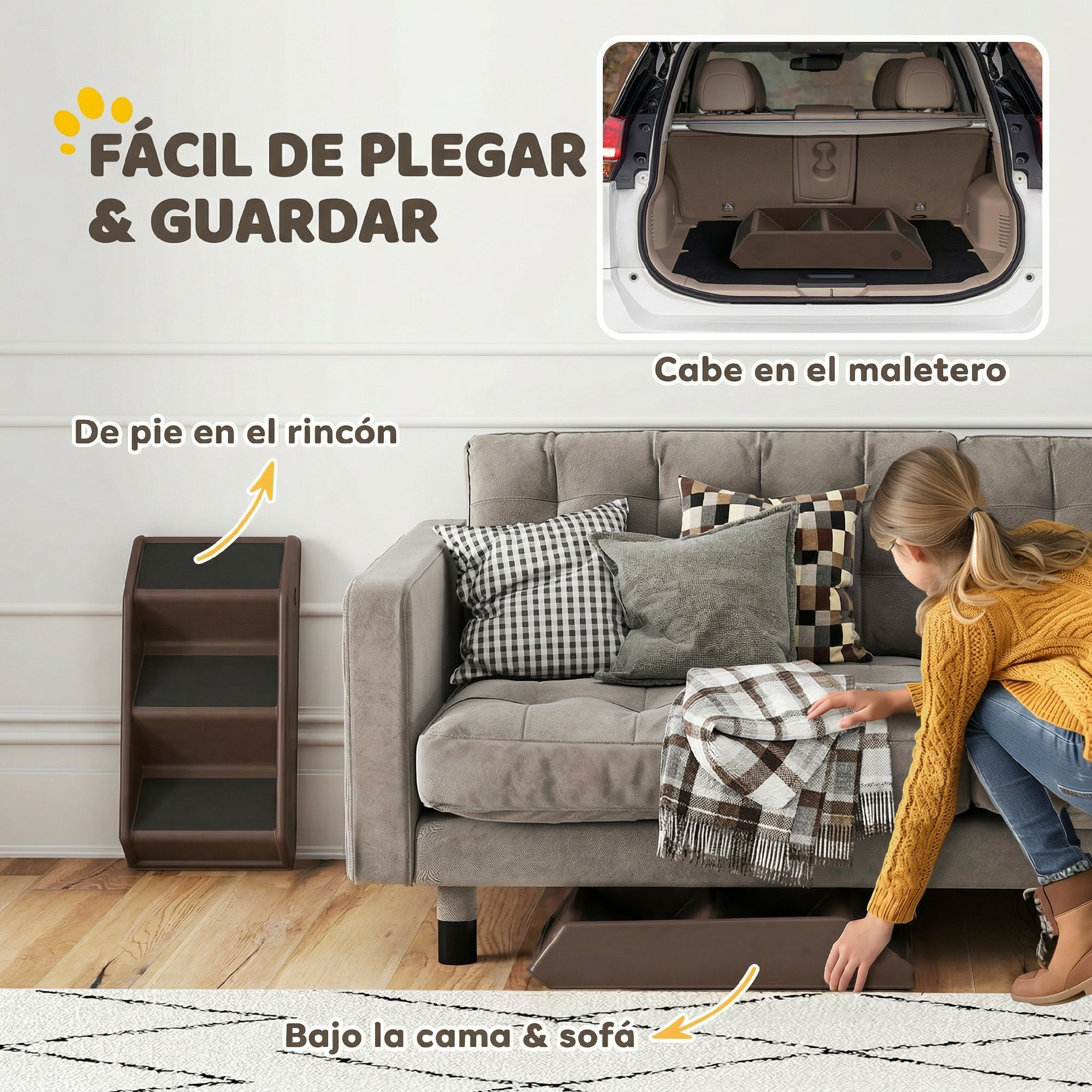 Una escalera para mascotas marrón plegable junto al sofá y en el maletero.