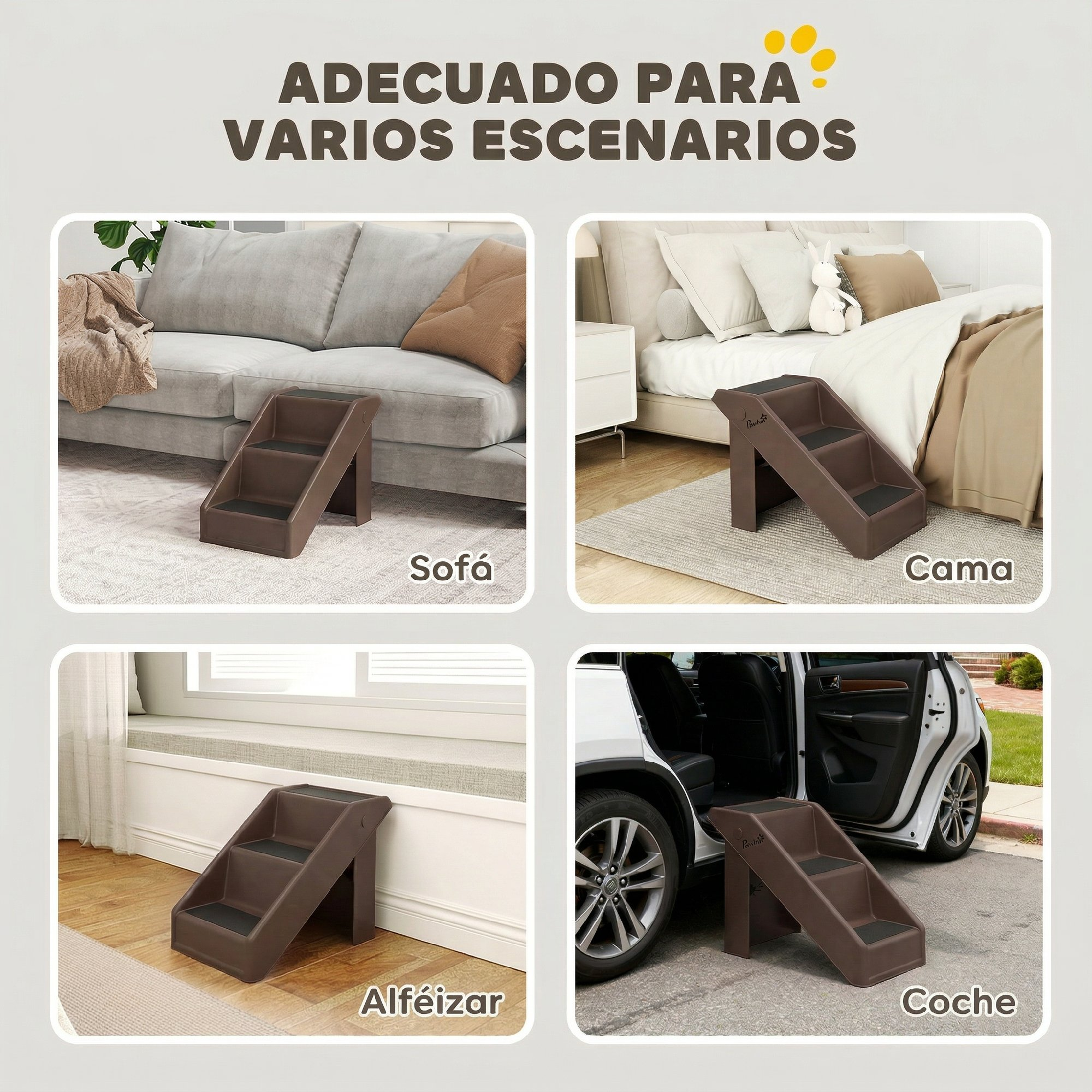 Cuatro paneles muestran una escalera marrón para mascotas junto a un sofá, cama, alféizar y coche.