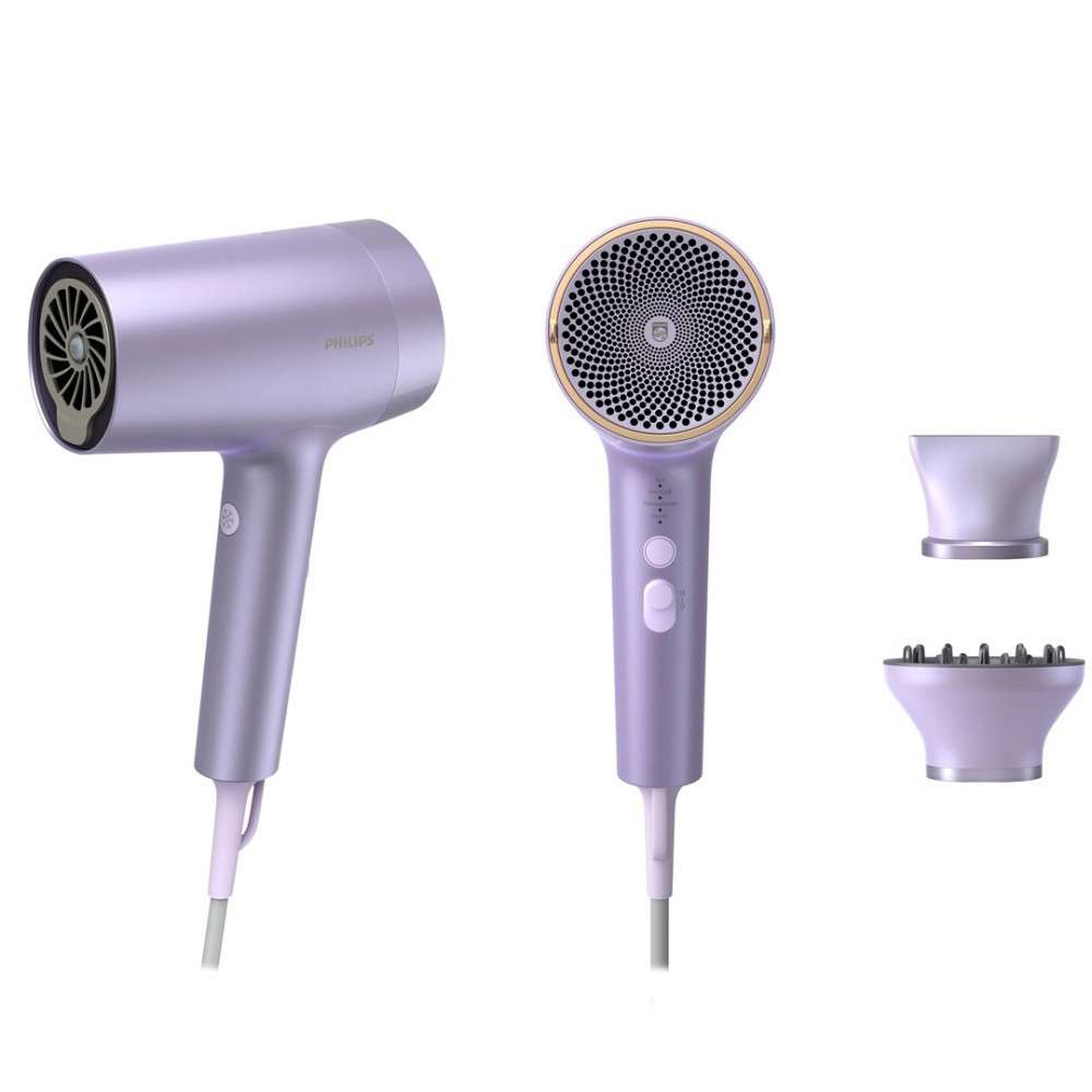 Un secador de pelo Philips morado con dos accesorios, mostrado de frente y de lado sobre fondo blanco.