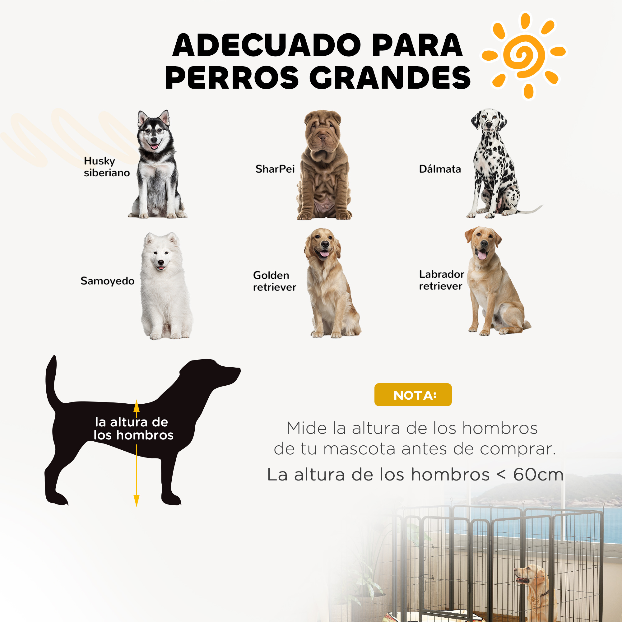 La infografía muestra razas de perros y una guía de medición para altura de hombros menor a 60cm.